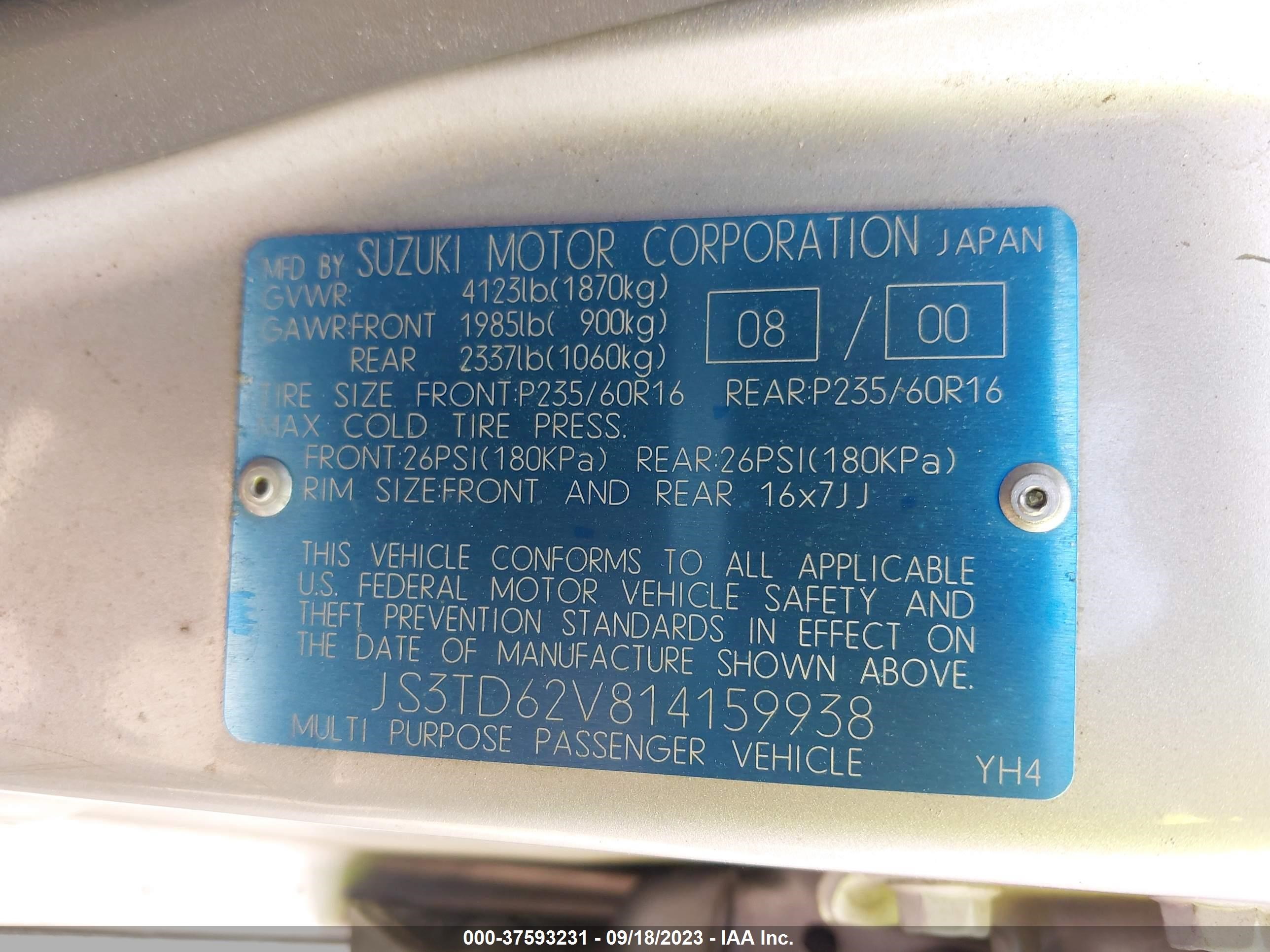 Photo 8 VIN: JS3TD62V814159938 - SUZUKI GRAND VITARA 