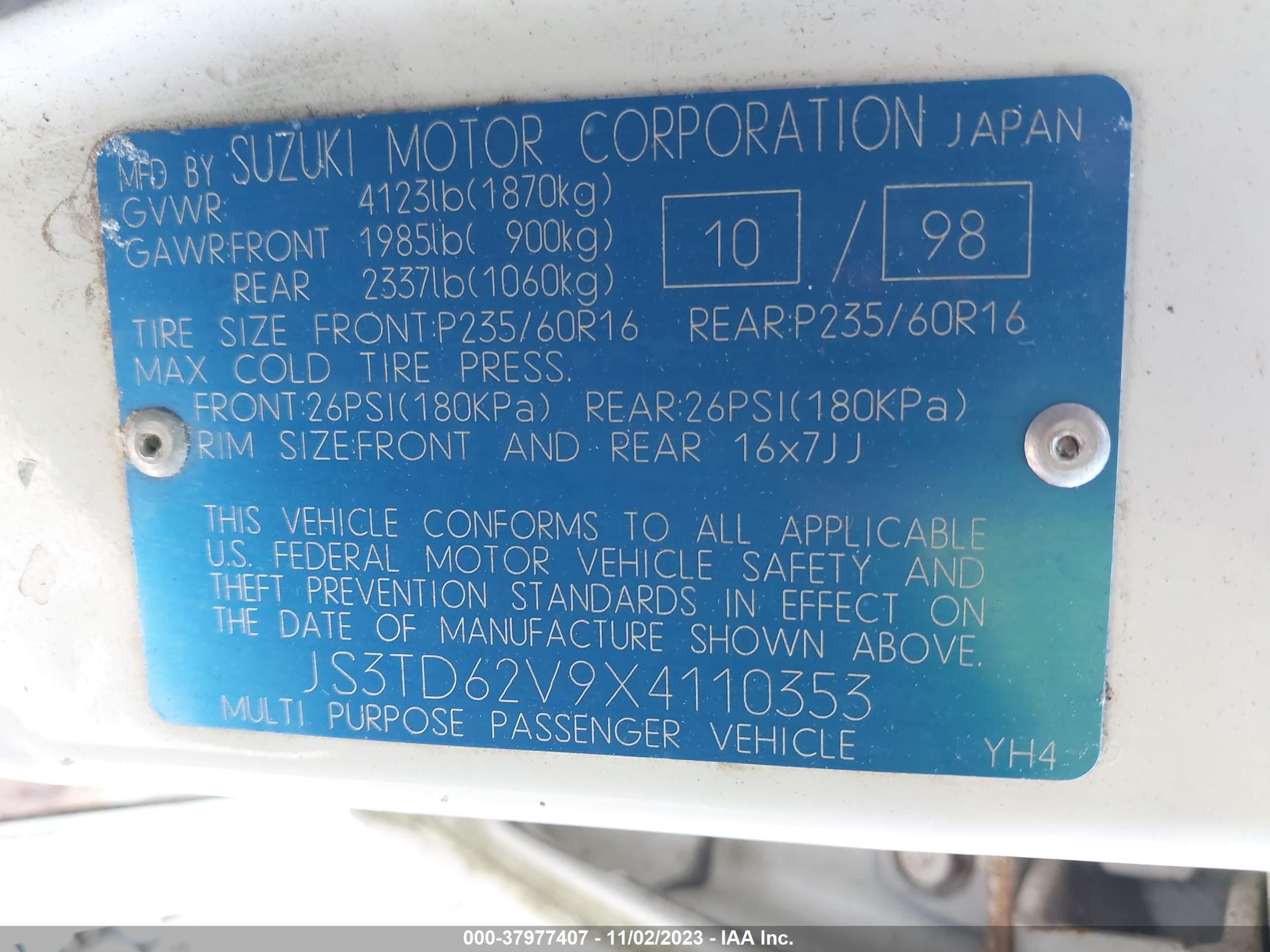 Photo 8 VIN: JS3TD62V9X4110353 - SUZUKI GRAND VITARA 