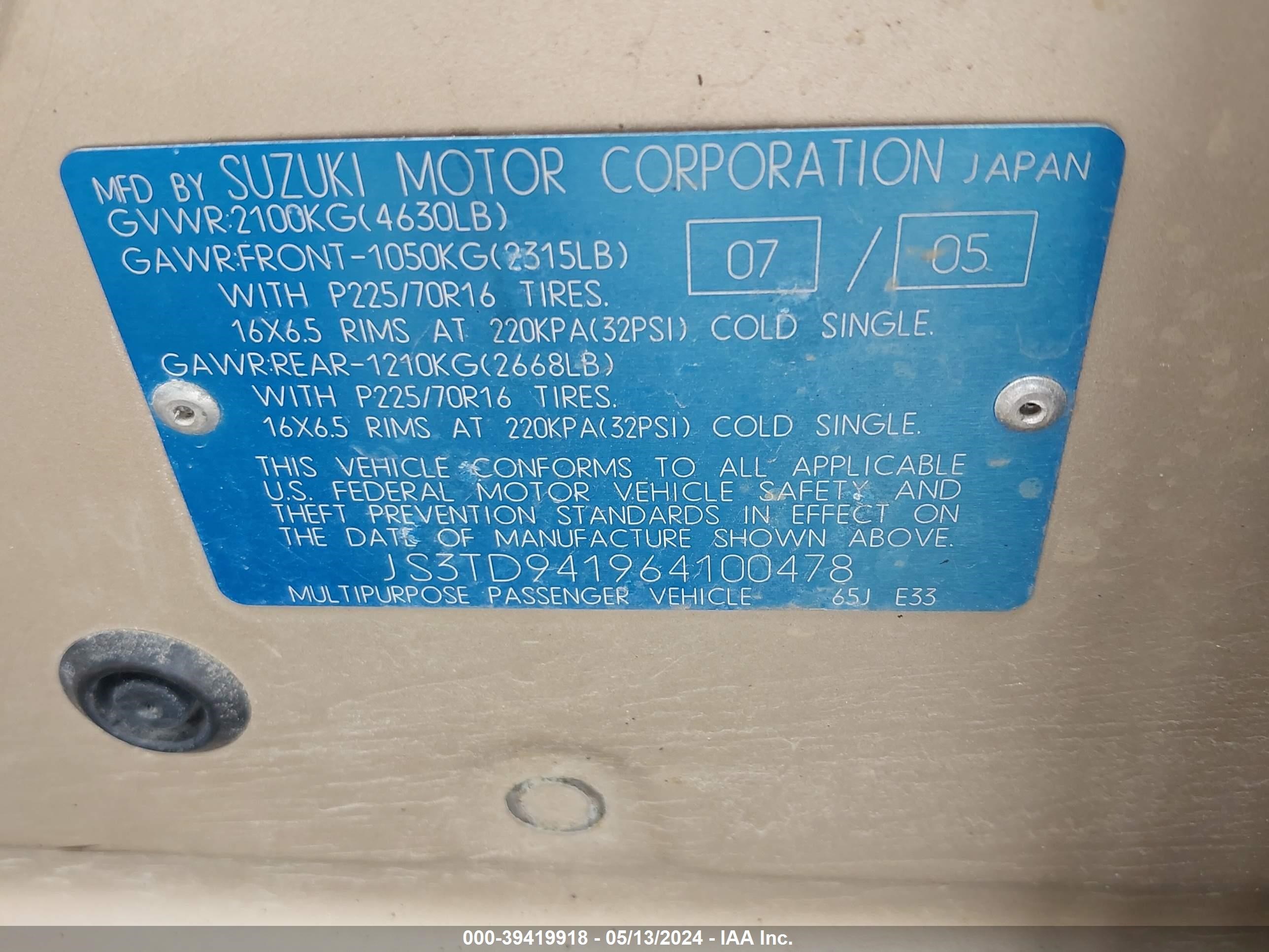 Photo 8 VIN: JS3TD941964100478 - SUZUKI GRAND VITARA 