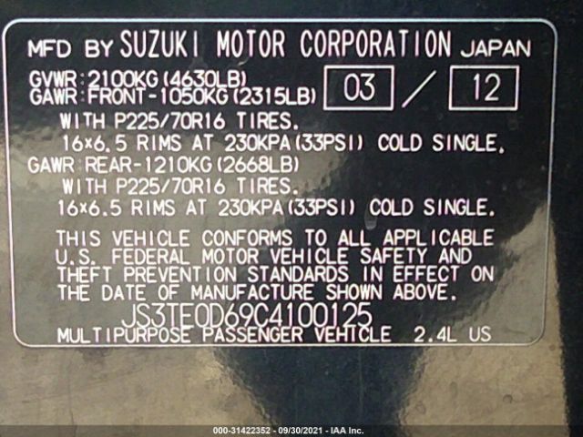 Photo 8 VIN: JS3TE0D69C4100125 - SUZUKI GRAND VITARA 