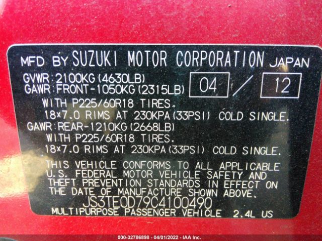 Photo 8 VIN: JS3TE0D79C4100490 - SUZUKI GRAND VITARA 