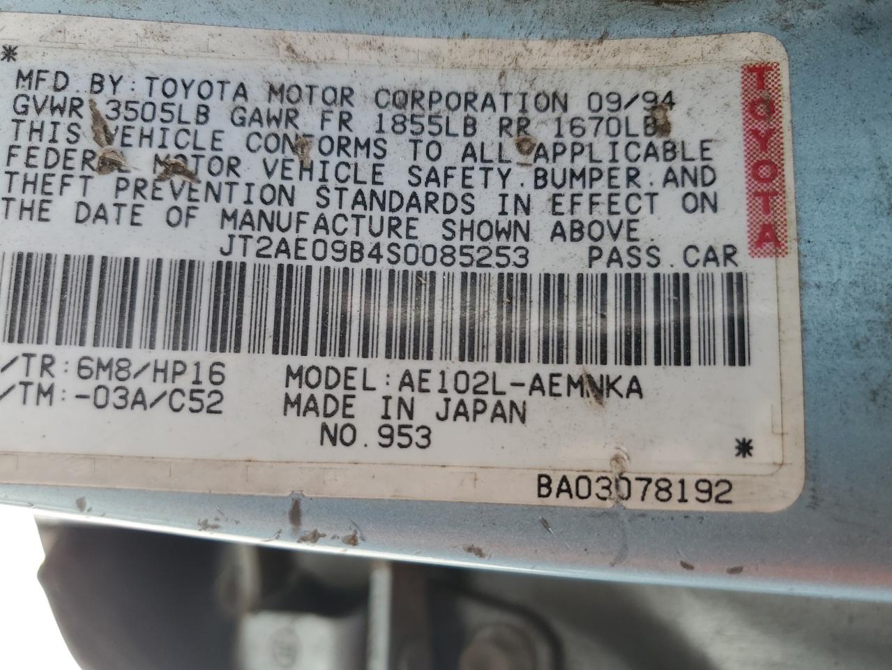 Photo 11 VIN: JT2AE09B4S0085253 - TOYOTA COROLLA 