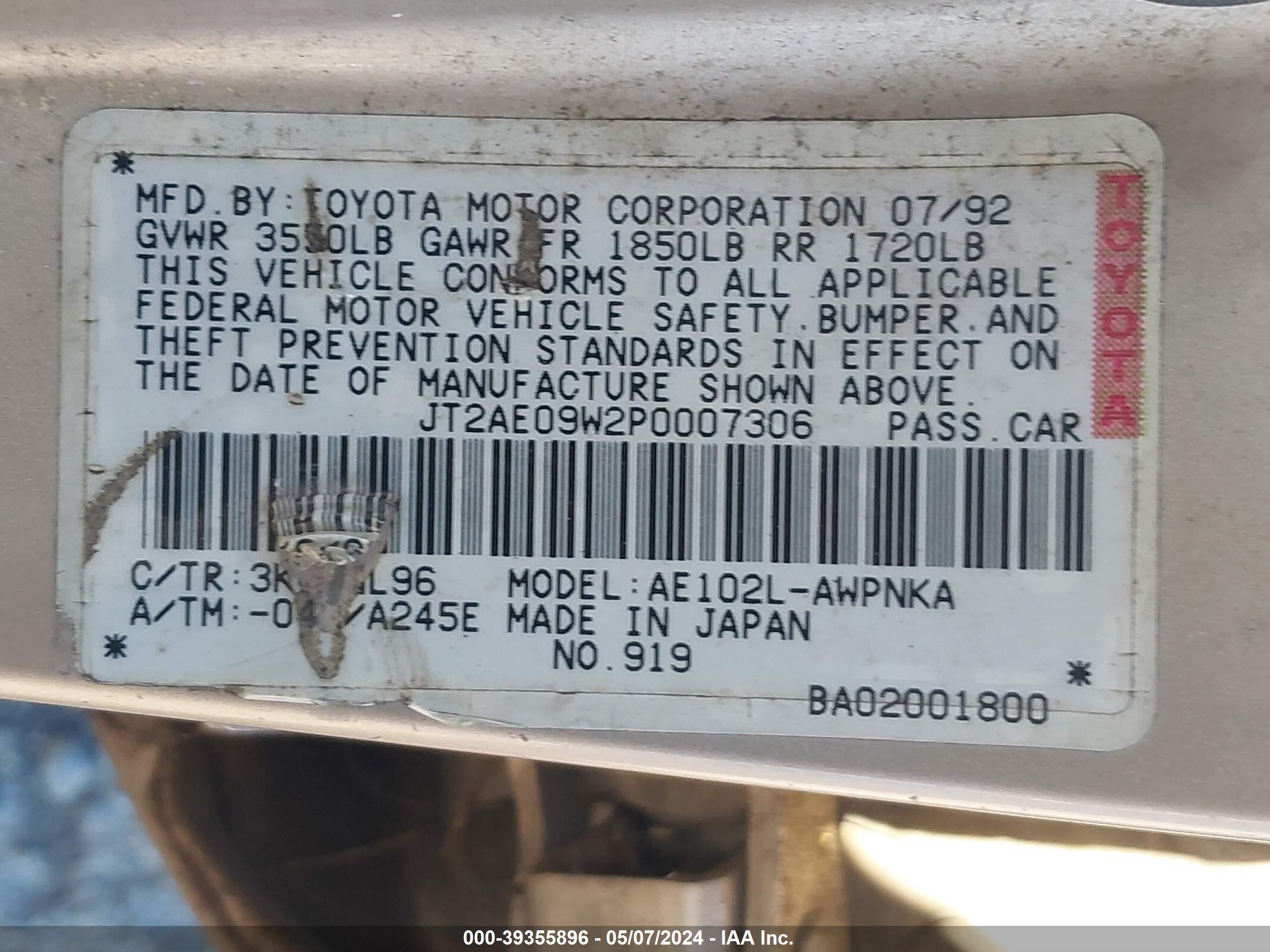 Photo 8 VIN: JT2AE09W2P0007306 - TOYOTA COROLLA 