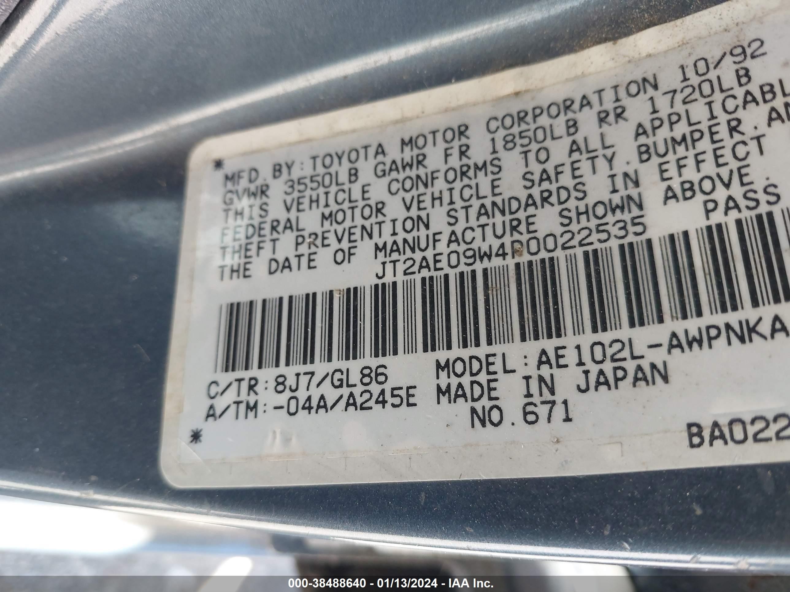 Photo 8 VIN: JT2AE09W4P0022535 - TOYOTA COROLLA 