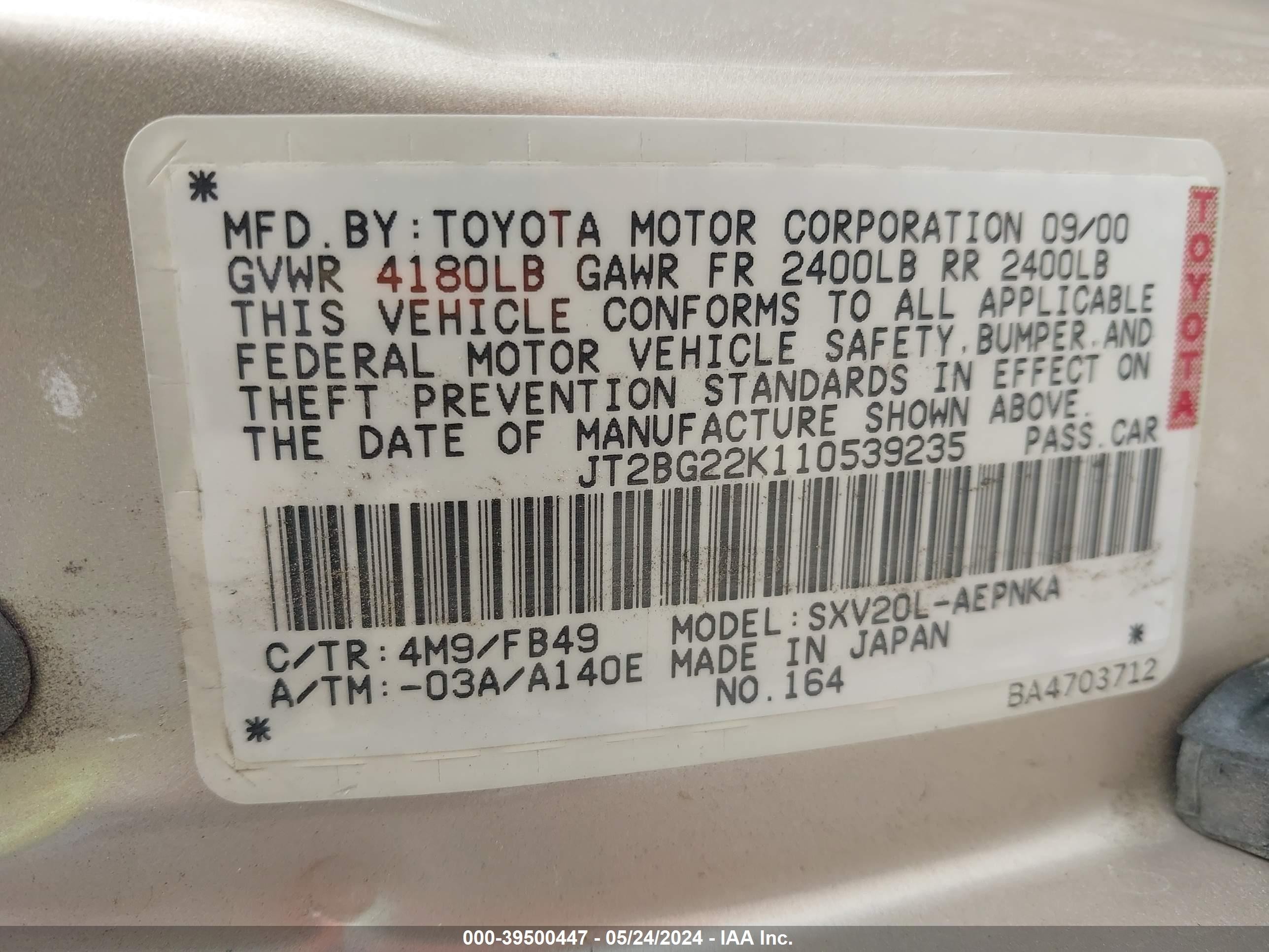 Photo 8 VIN: JT2B422K110539235 - TOYOTA CAMRY 