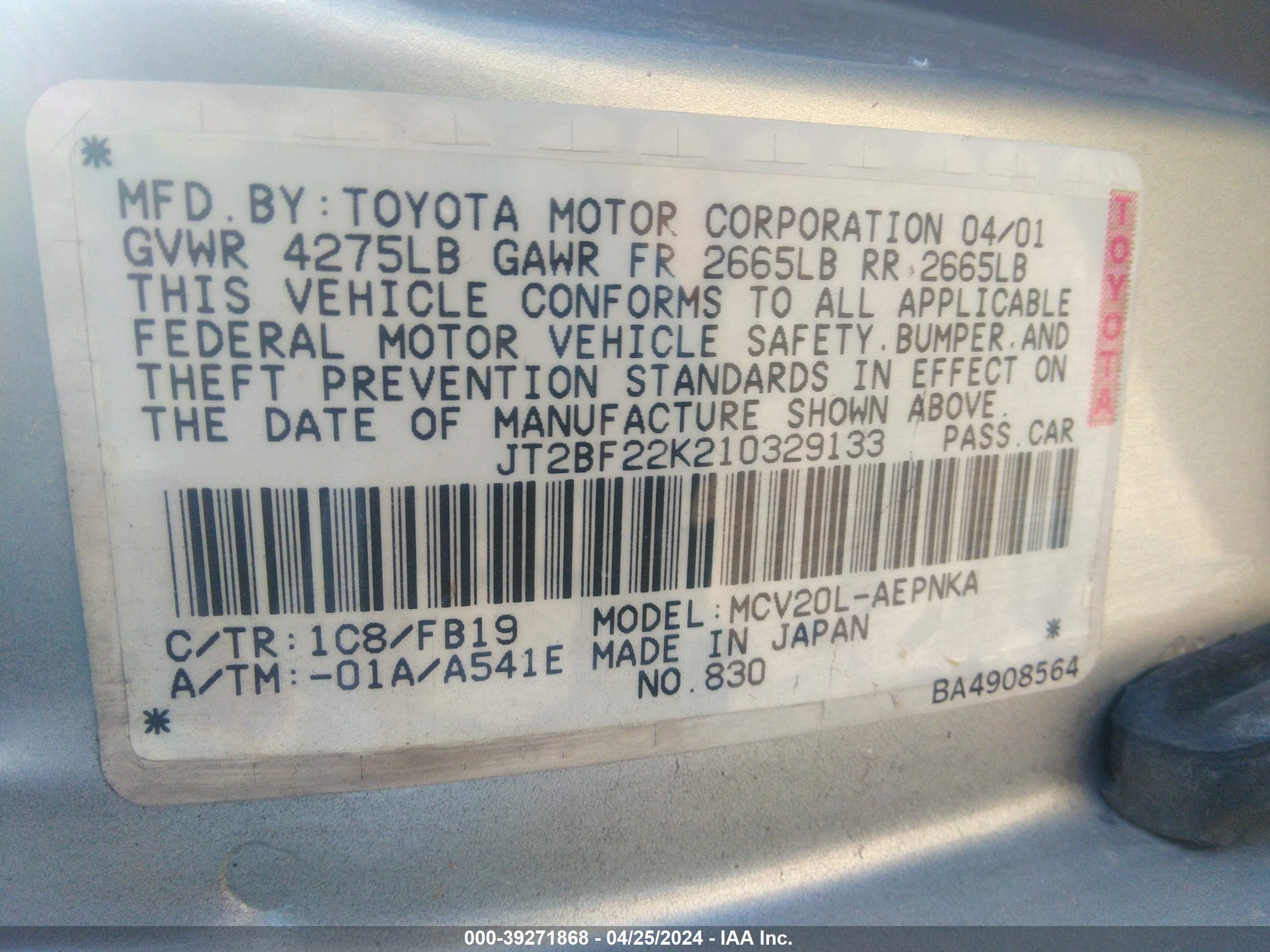 Photo 8 VIN: JT2BF22K210329133 - TOYOTA CAMRY 