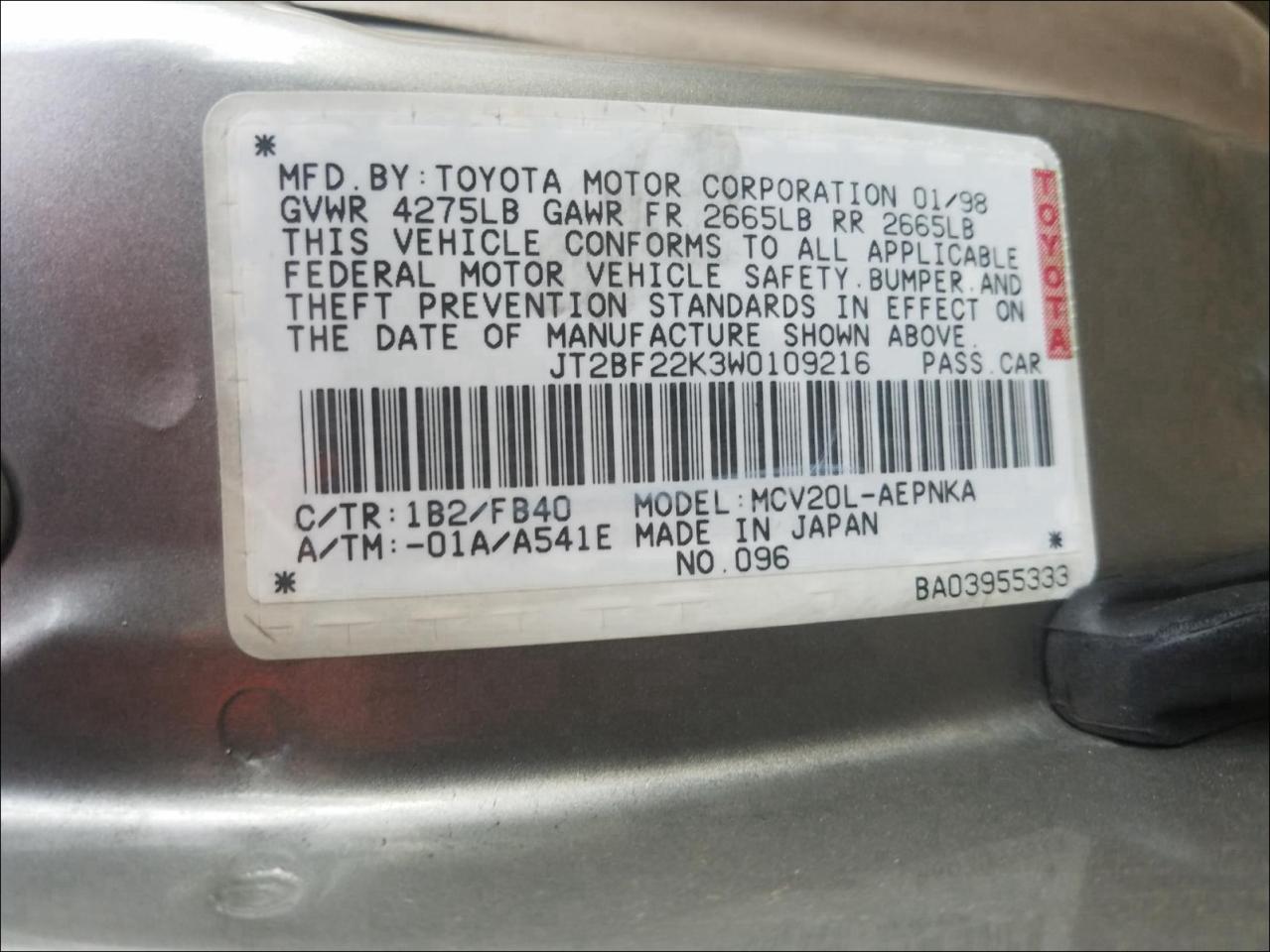 Photo 9 VIN: JT2BF22K3W0109216 - TOYOTA CAMRY CE 