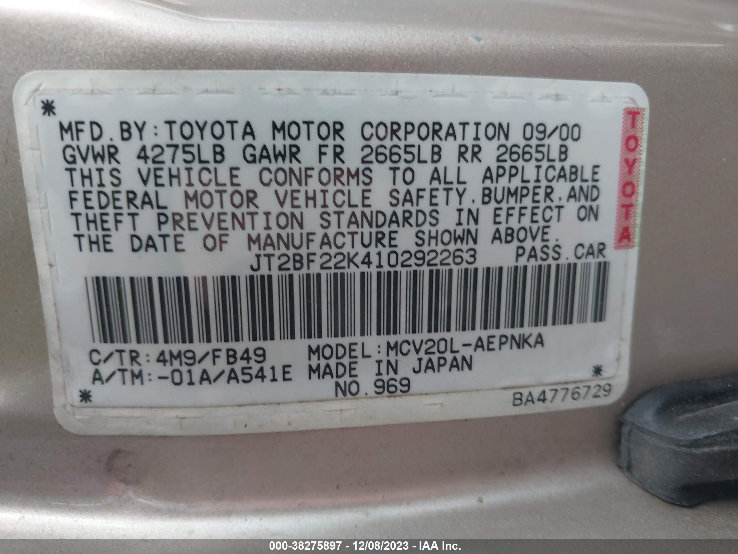 Photo 8 VIN: JT2BF22K410292263 - TOYOTA CAMRY 