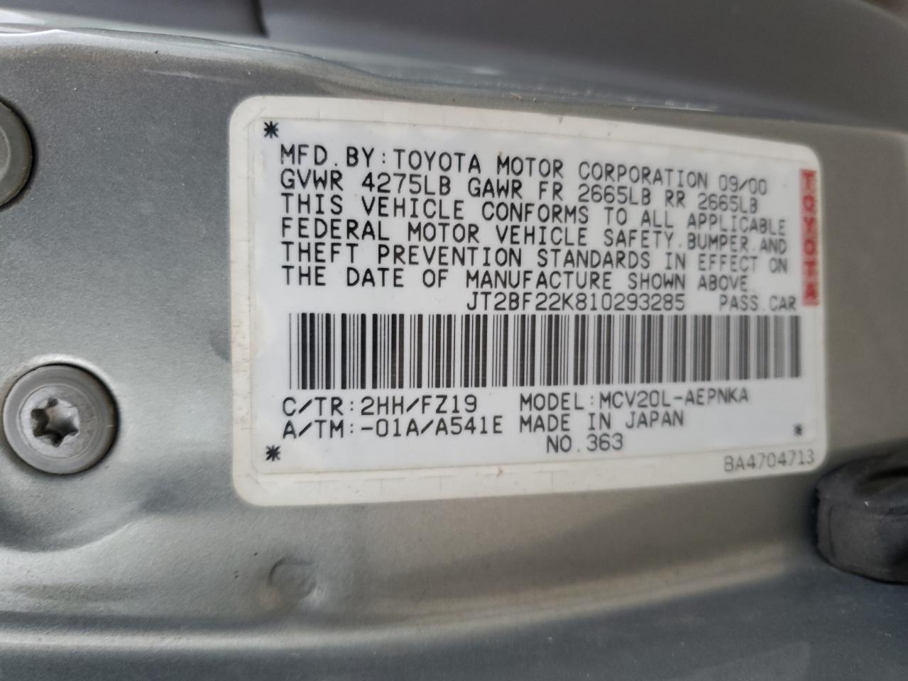 Photo 11 VIN: JT2BF22K810293285 - TOYOTA CAMRY 