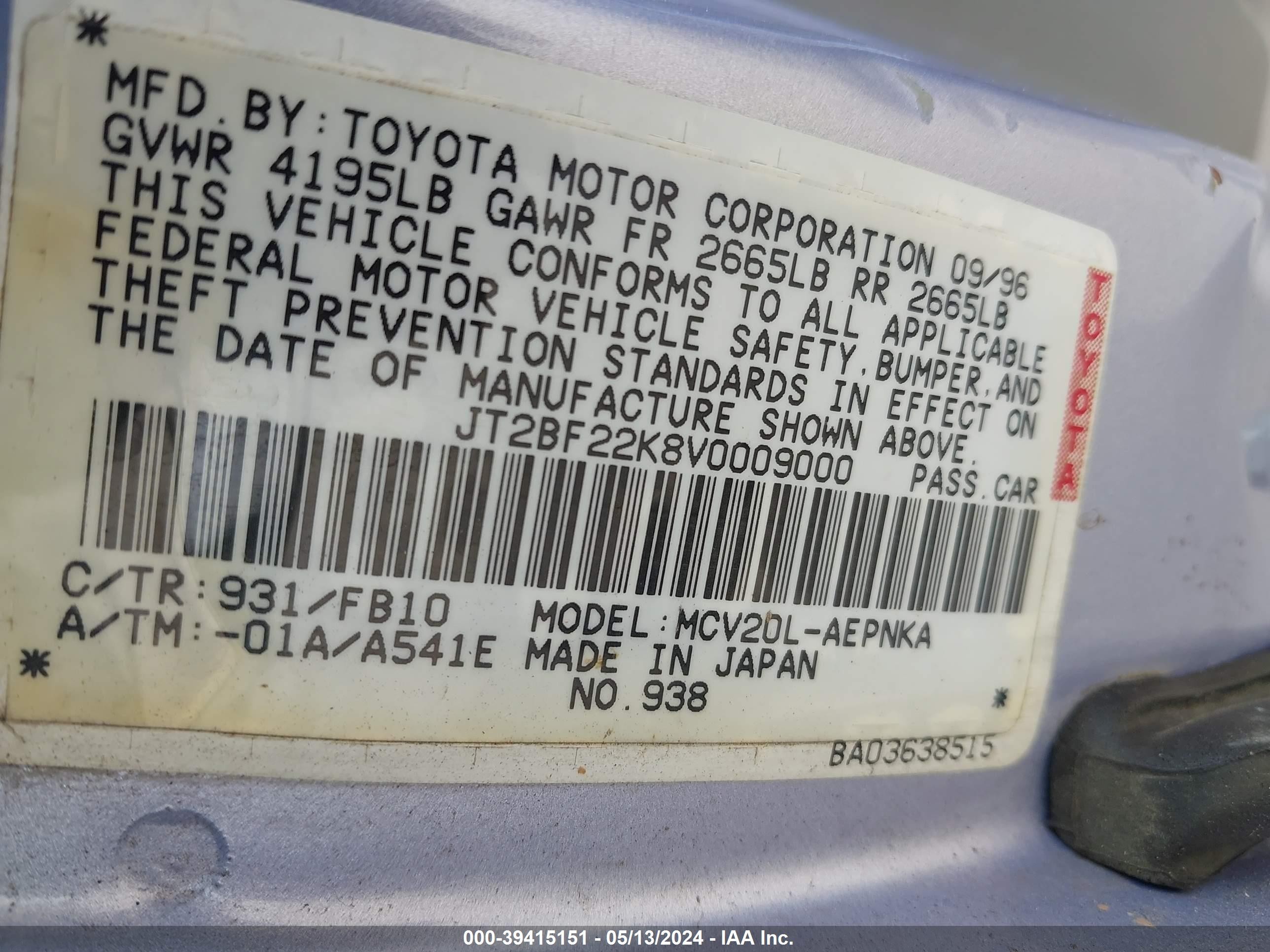 Photo 8 VIN: JT2BF22K8V0009000 - TOYOTA CAMRY 