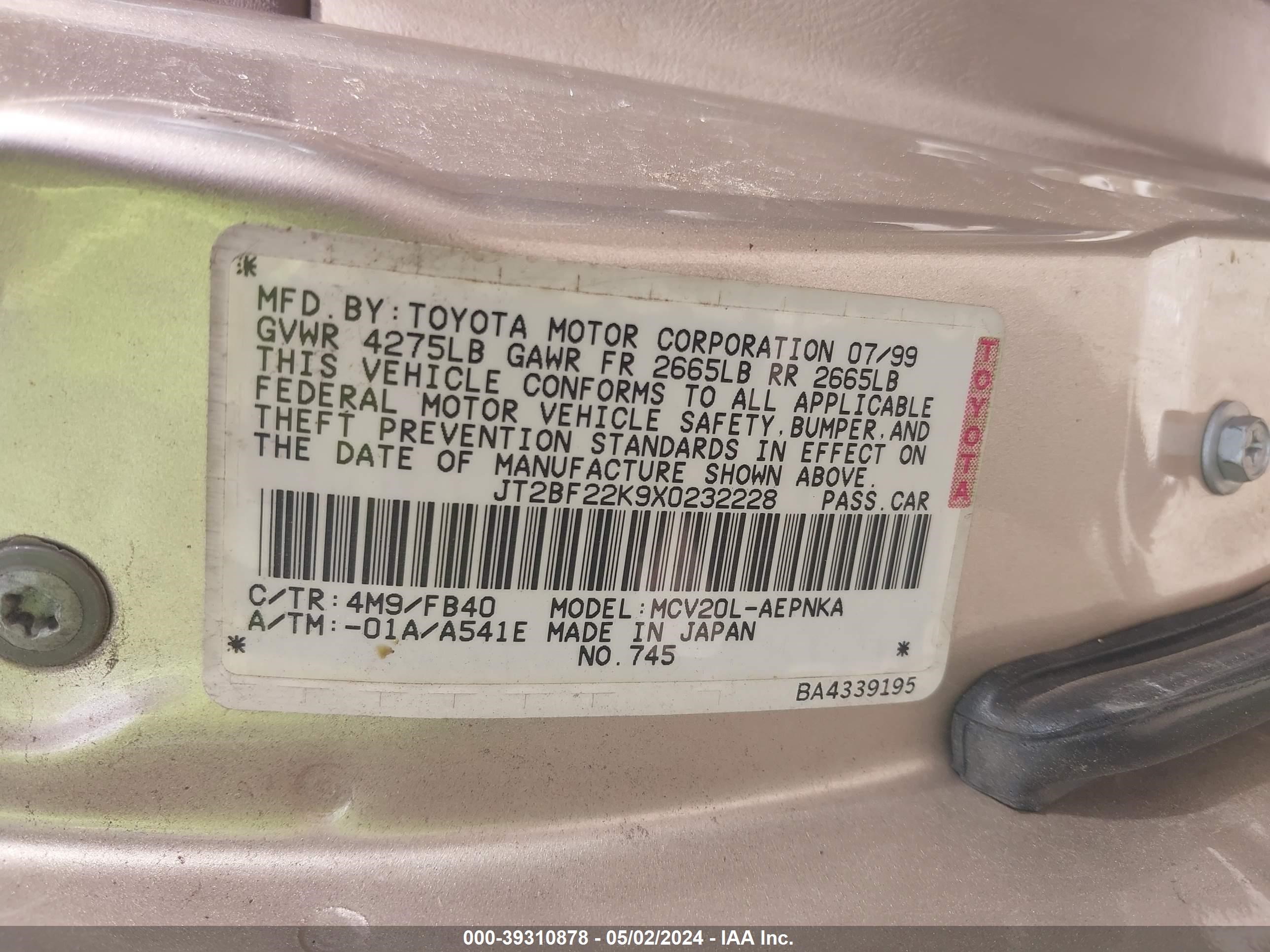 Photo 8 VIN: JT2BF22K9X0232228 - TOYOTA CAMRY LE 