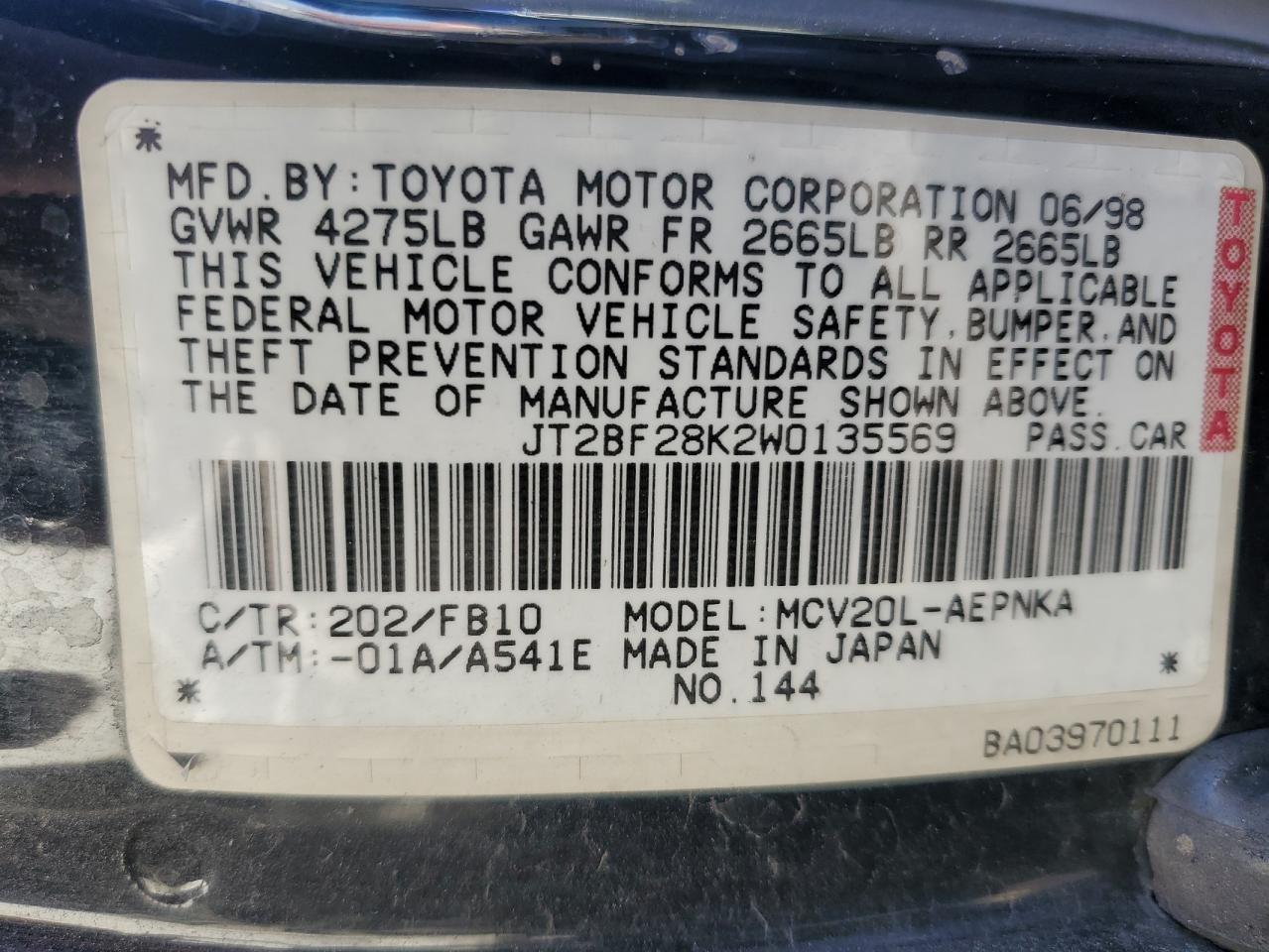 Photo 11 VIN: JT2BF28K2W0135569 - TOYOTA CAMRY 