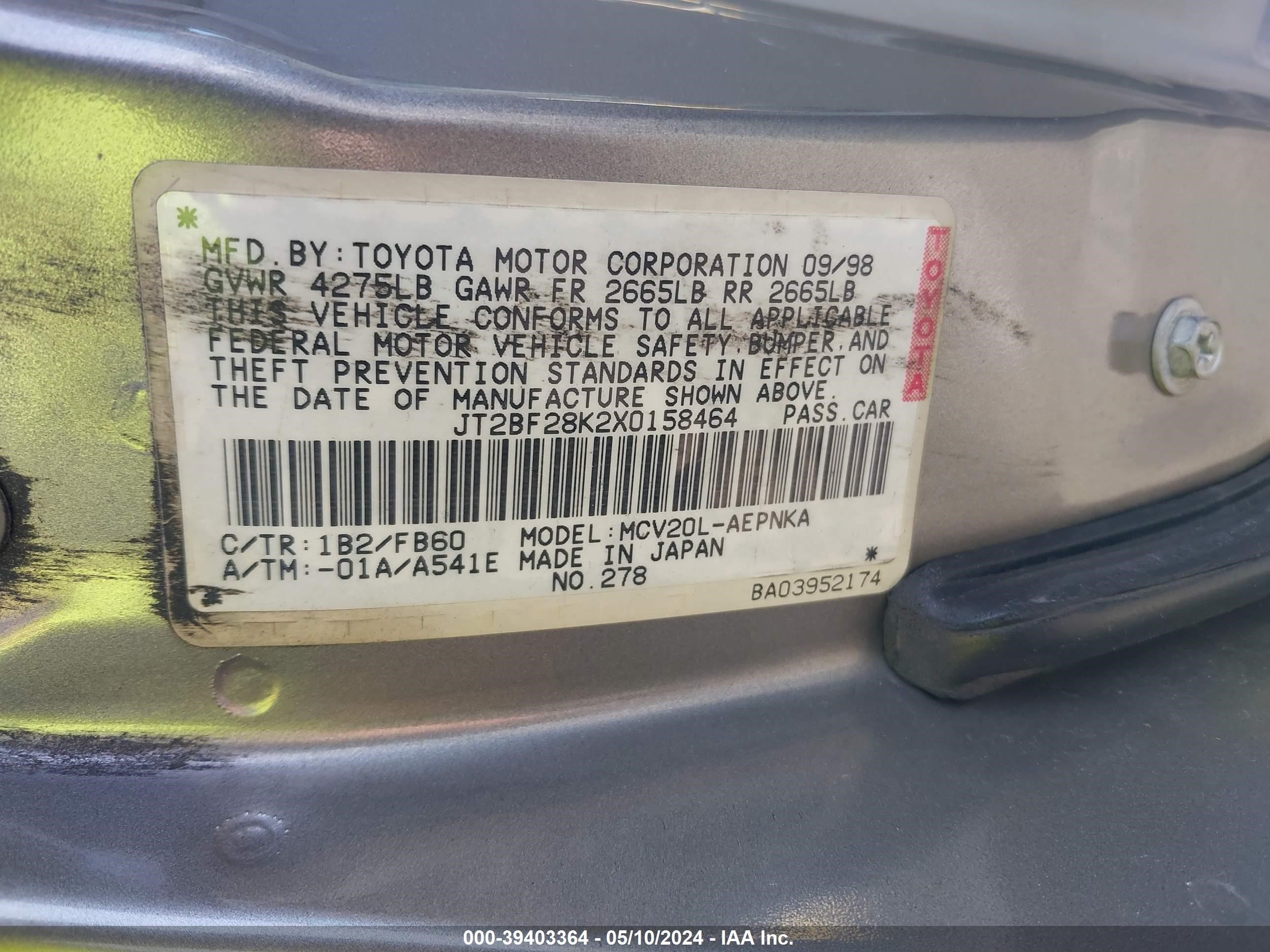 Photo 8 VIN: JT2BF28K2X0158464 - TOYOTA CAMRY 