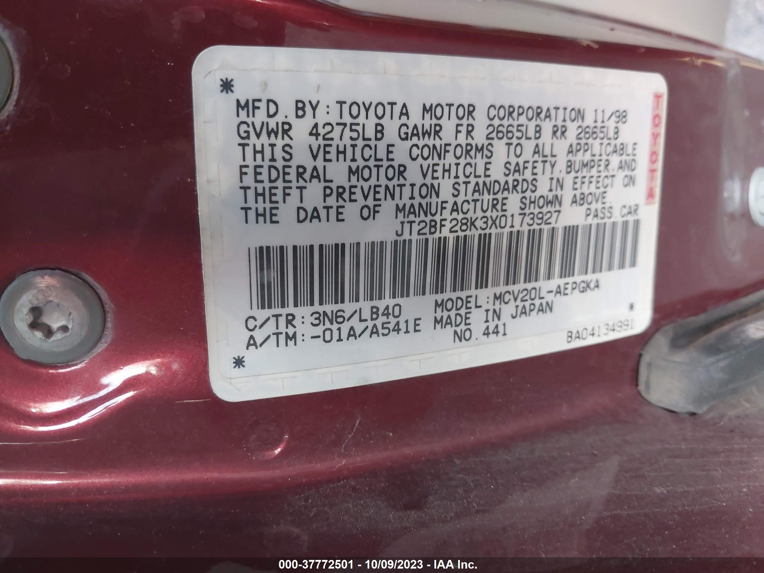 Photo 8 VIN: JT2BF28K3X0173927 - TOYOTA CAMRY 