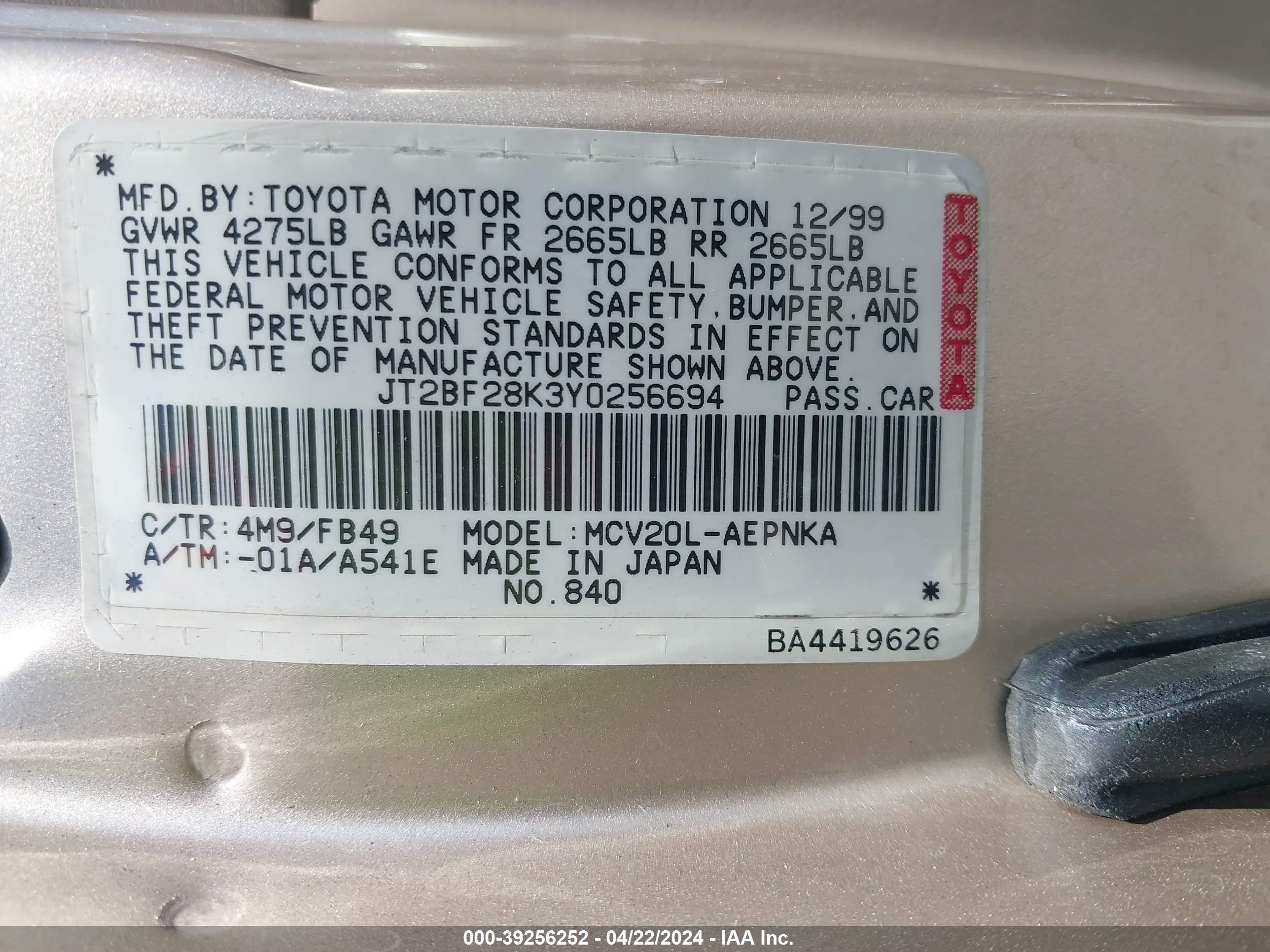 Photo 8 VIN: JT2BF28K3Y0256694 - TOYOTA CAMRY 