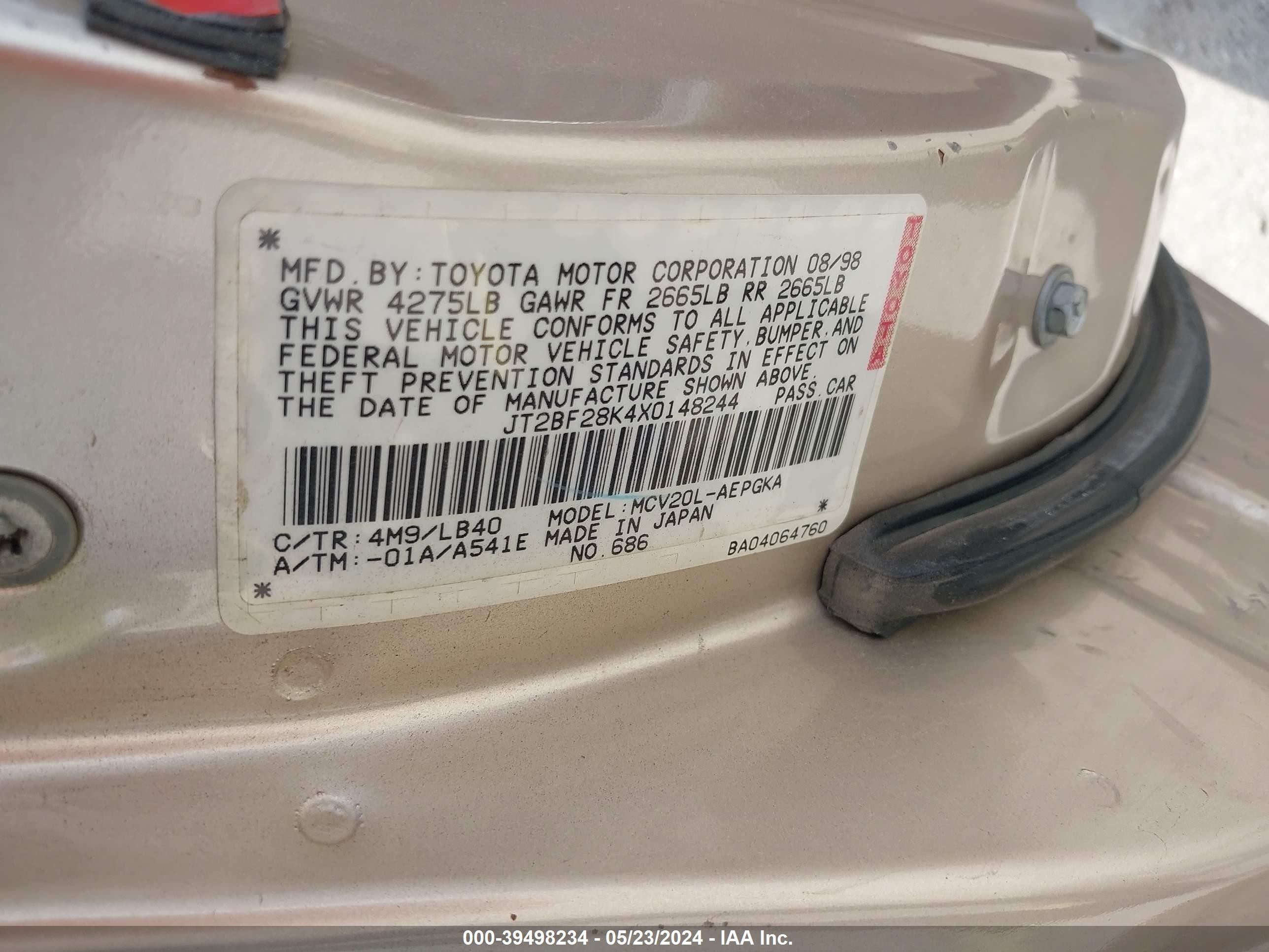 Photo 8 VIN: JT2BF28K4X0148244 - TOYOTA CAMRY 