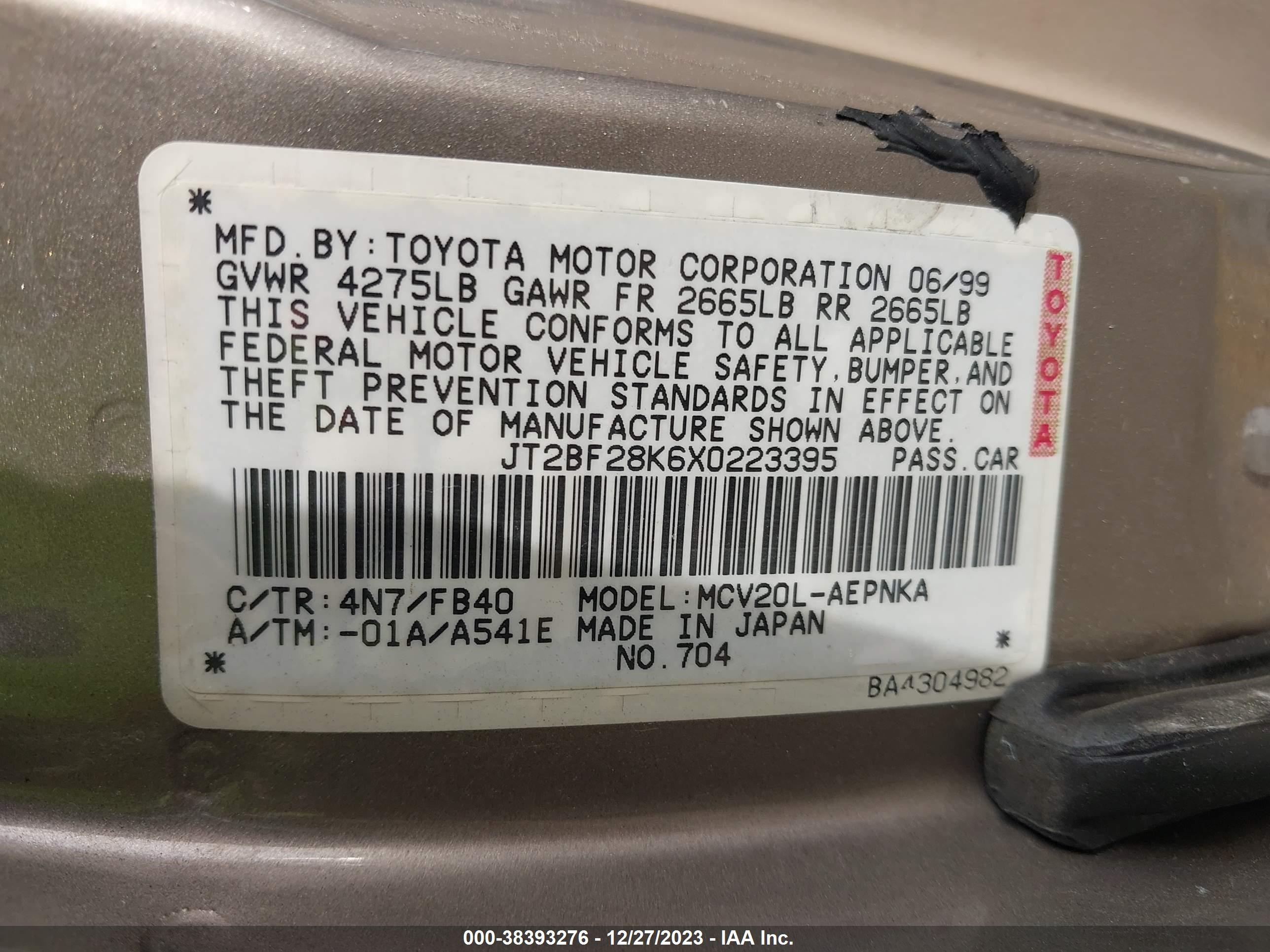 Photo 8 VIN: JT2BF28K6X0223395 - TOYOTA CAMRY 