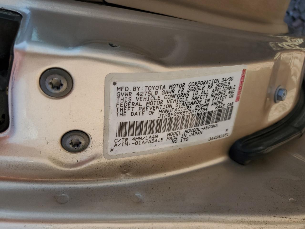 Photo 11 VIN: JT2BF28K8Y0273734 - TOYOTA CAMRY 