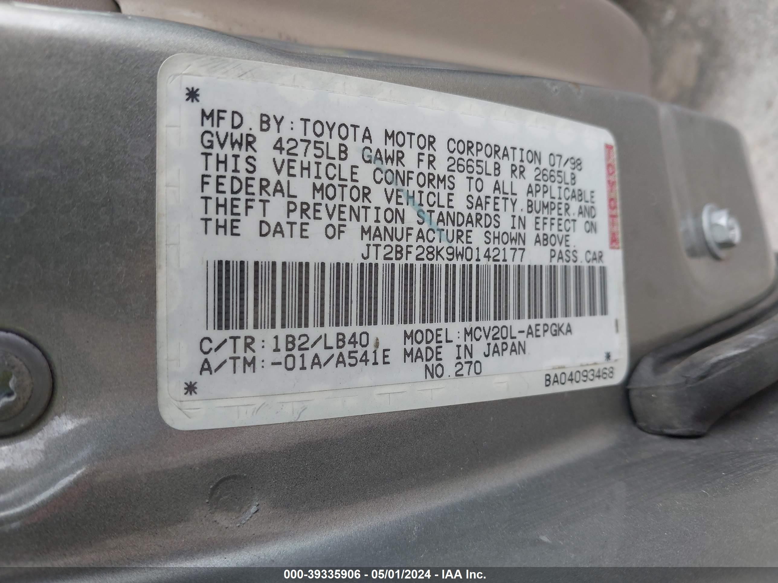 Photo 8 VIN: JT2BF28K9W0142177 - TOYOTA CAMRY 