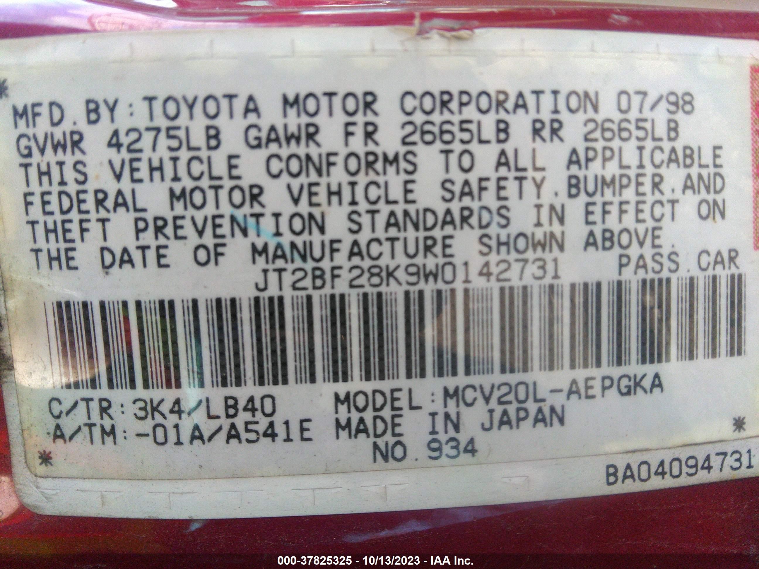 Photo 8 VIN: JT2BF28K9W0142731 - TOYOTA CAMRY 