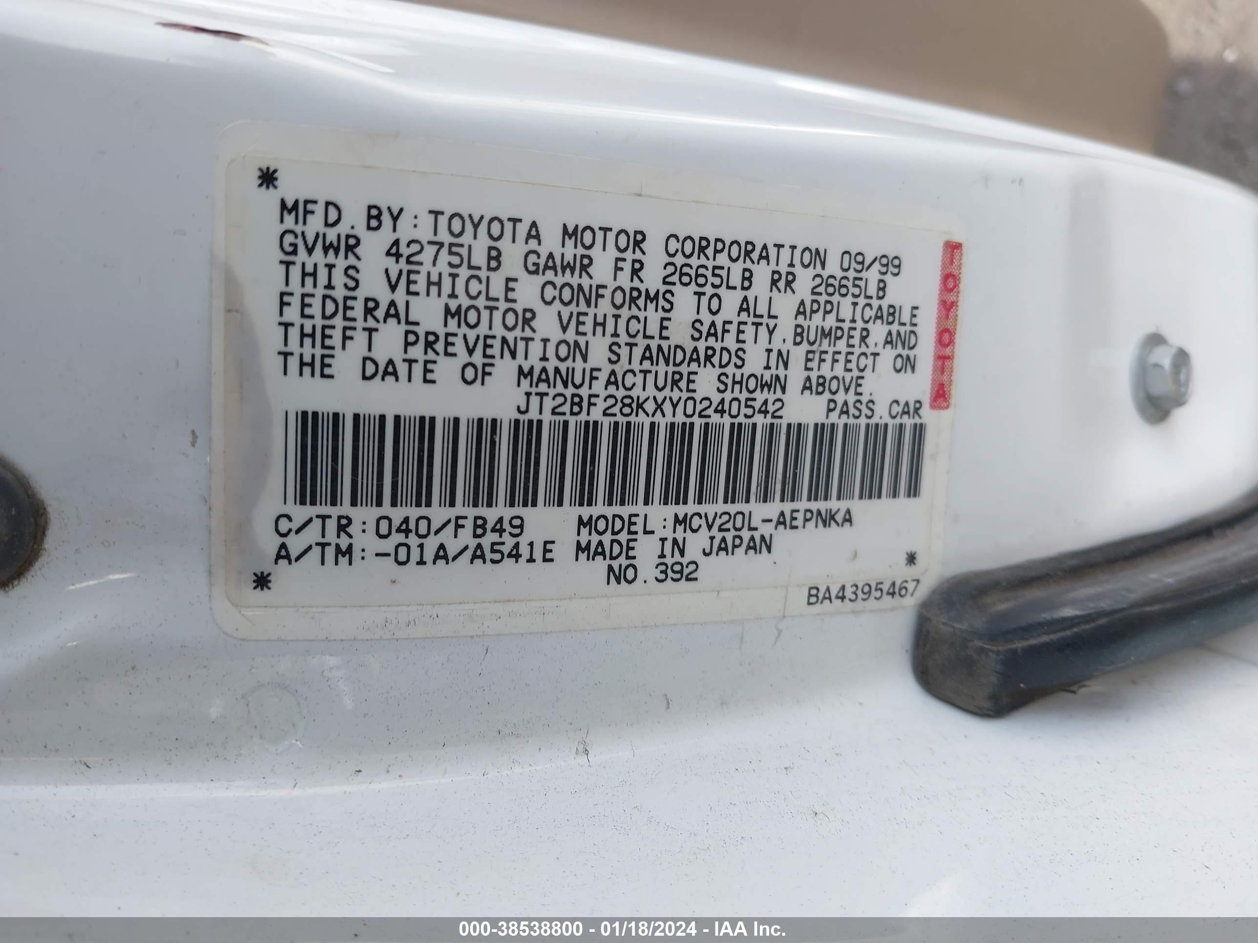 Photo 8 VIN: JT2BF28KXY0240542 - TOYOTA CAMRY 