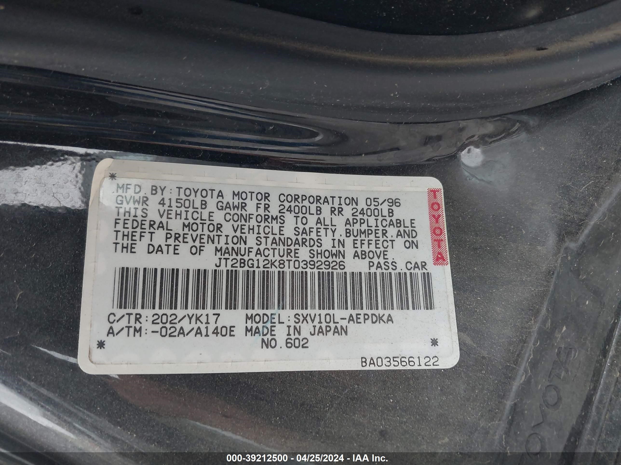 Photo 8 VIN: JT2BG12K8T0392926 - TOYOTA CAMRY 