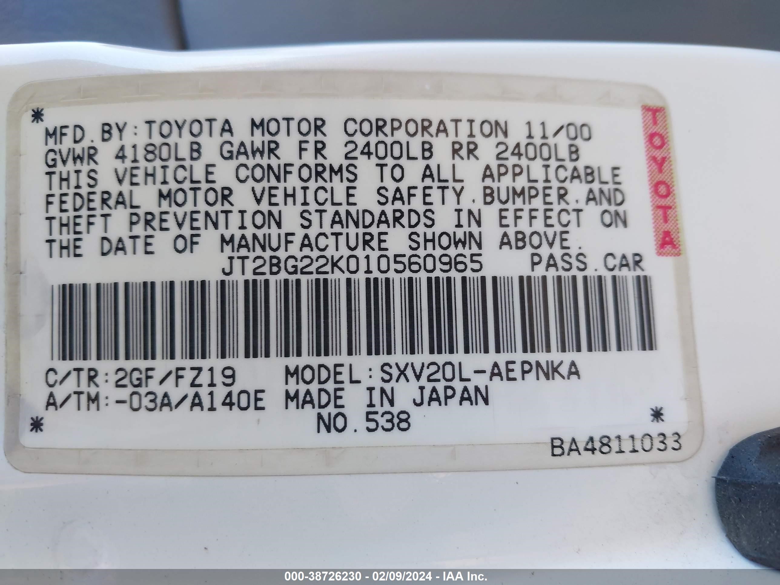 Photo 8 VIN: JT2BG22K010560965 - TOYOTA CAMRY 