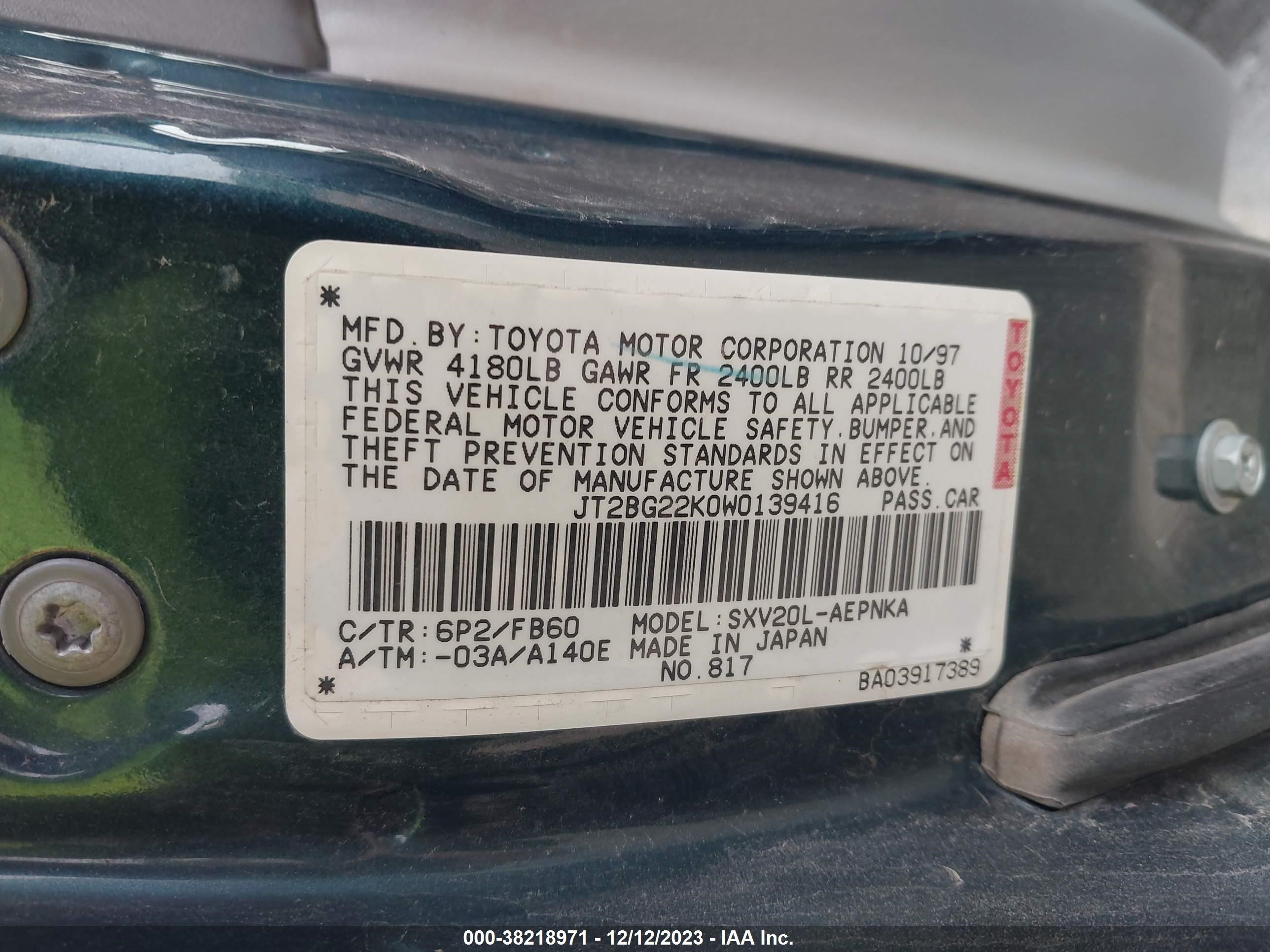 Photo 8 VIN: JT2BG22K0W0139416 - TOYOTA CAMRY 