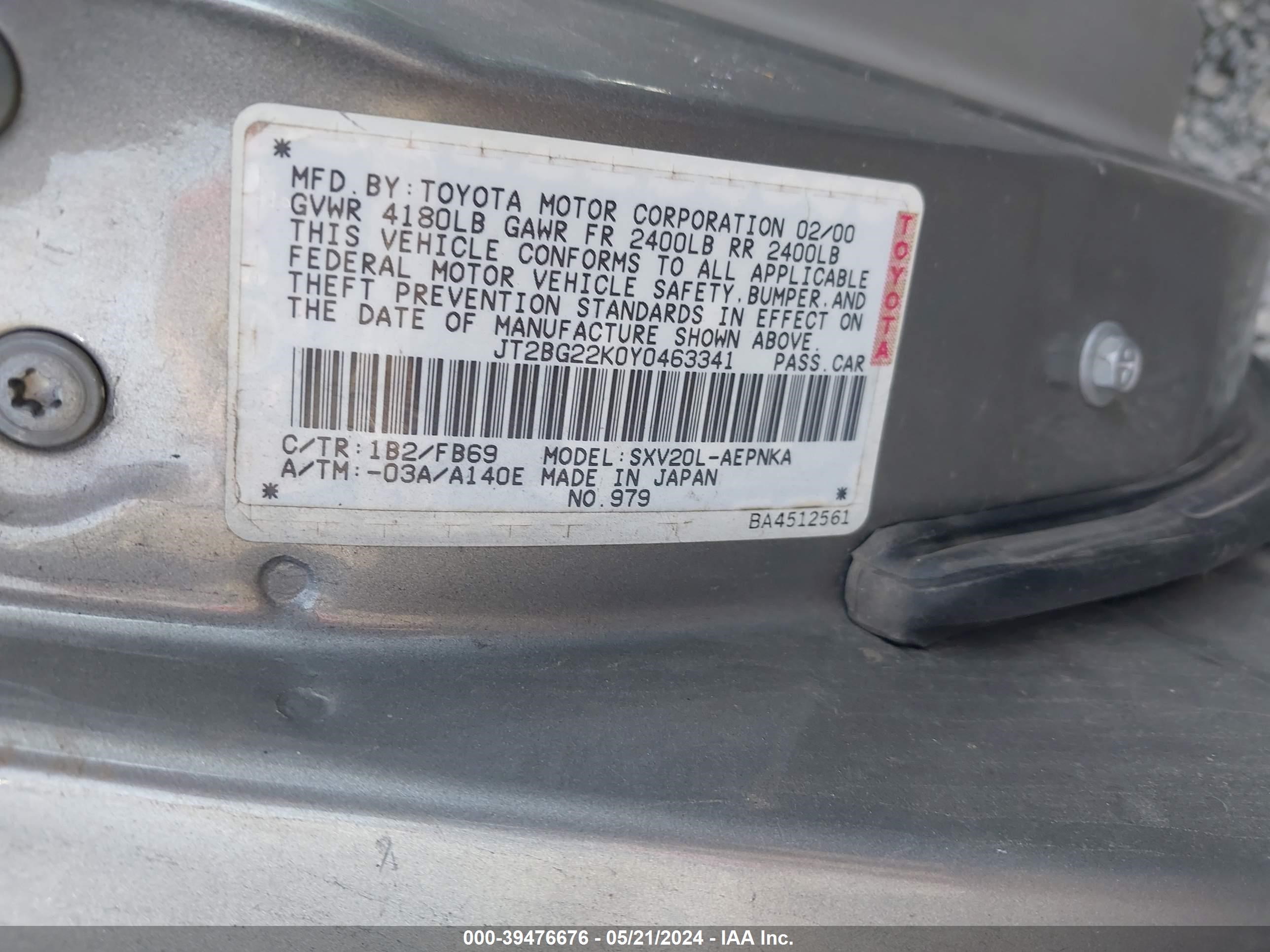 Photo 8 VIN: JT2BG22K0Y0463341 - TOYOTA CAMRY 