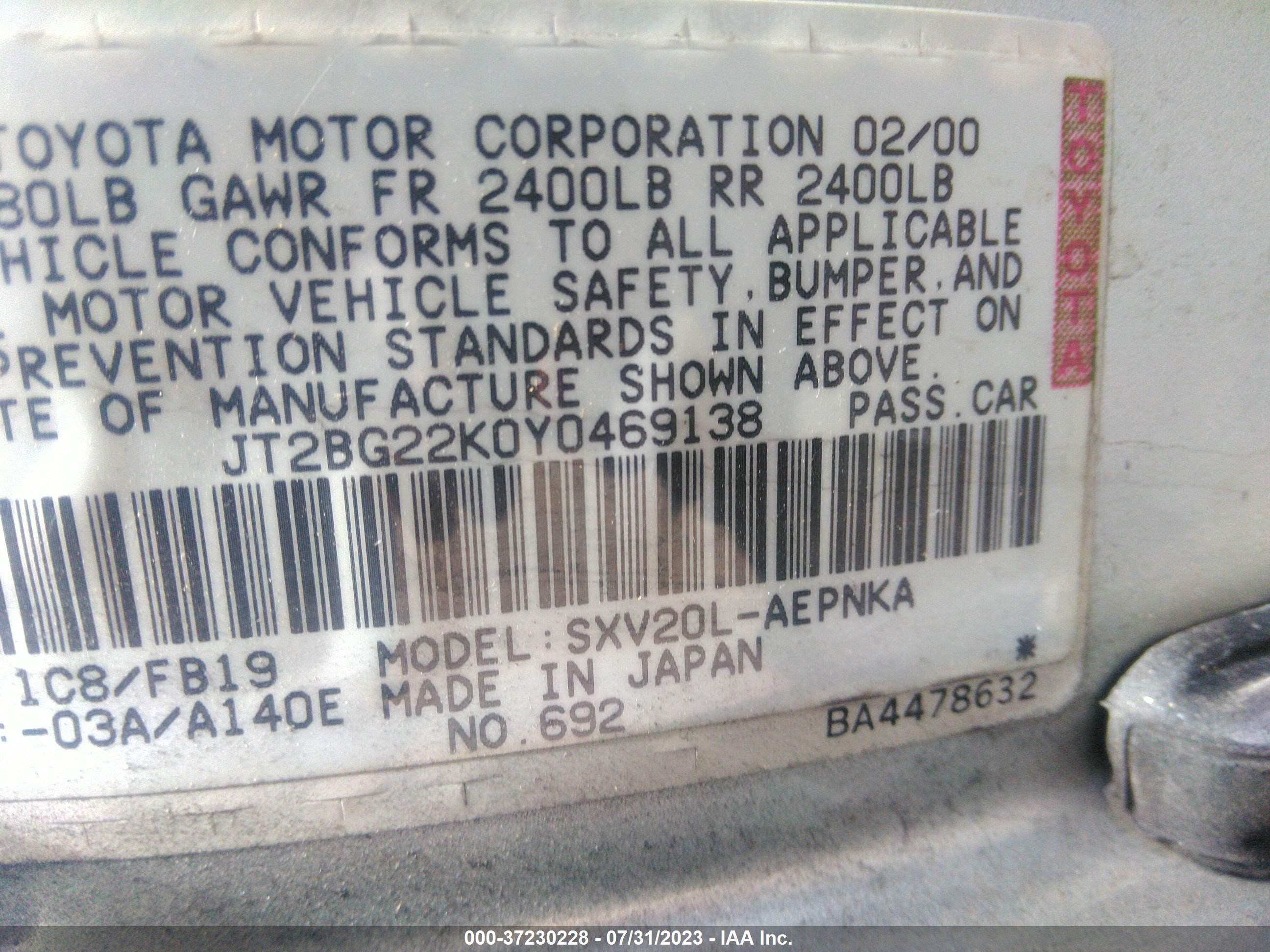 Photo 8 VIN: JT2BG22K0Y0469138 - TOYOTA CAMRY 