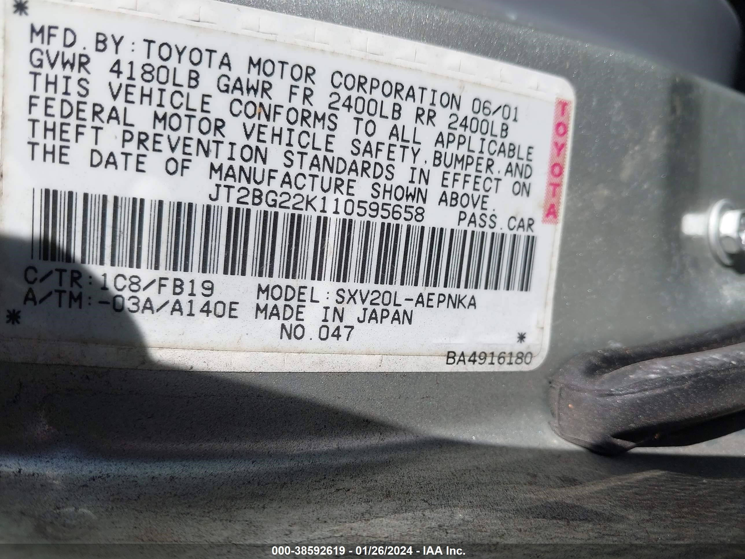 Photo 8 VIN: JT2BG22K110595658 - TOYOTA CAMRY 