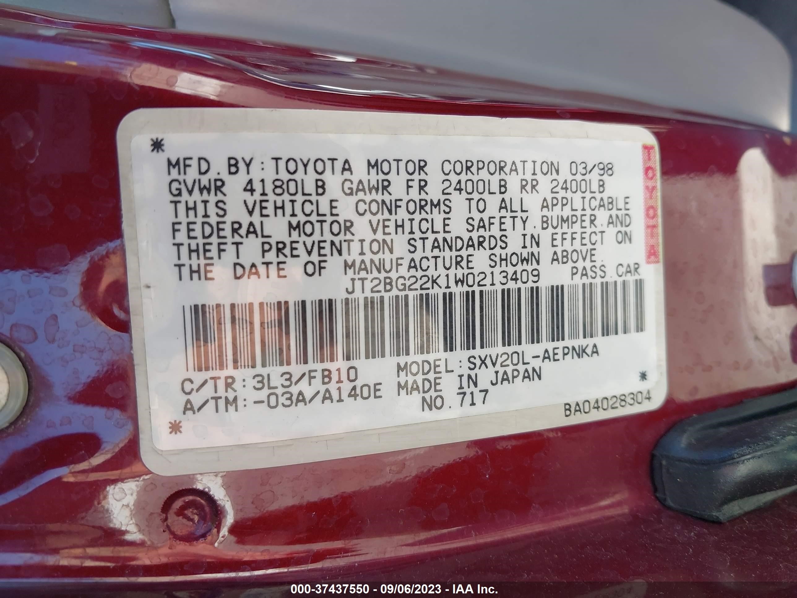 Photo 8 VIN: JT2BG22K1W0213409 - TOYOTA CAMRY 