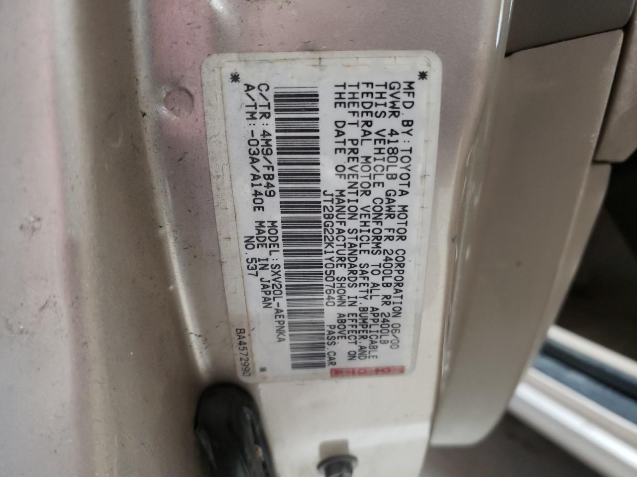 Photo 11 VIN: JT2BG22K1Y0507640 - TOYOTA CAMRY 