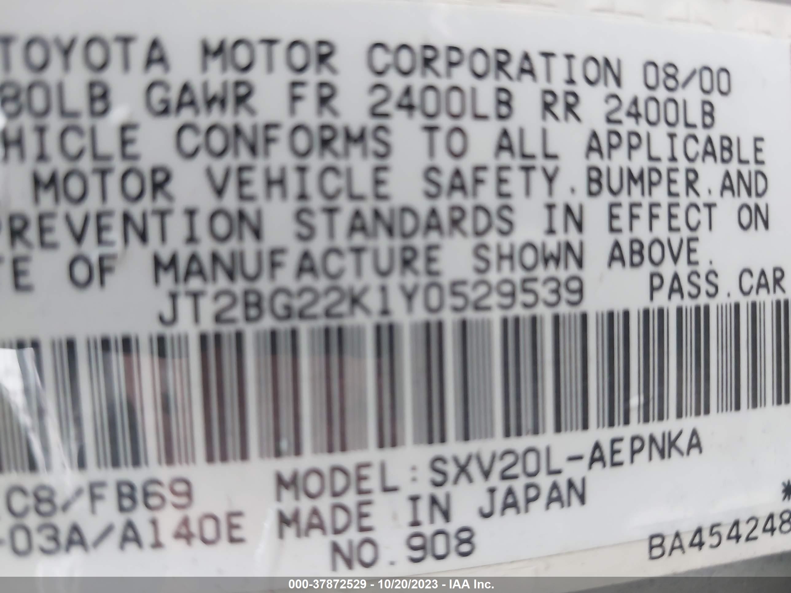 Photo 8 VIN: JT2BG22K1Y0529539 - TOYOTA CAMRY 