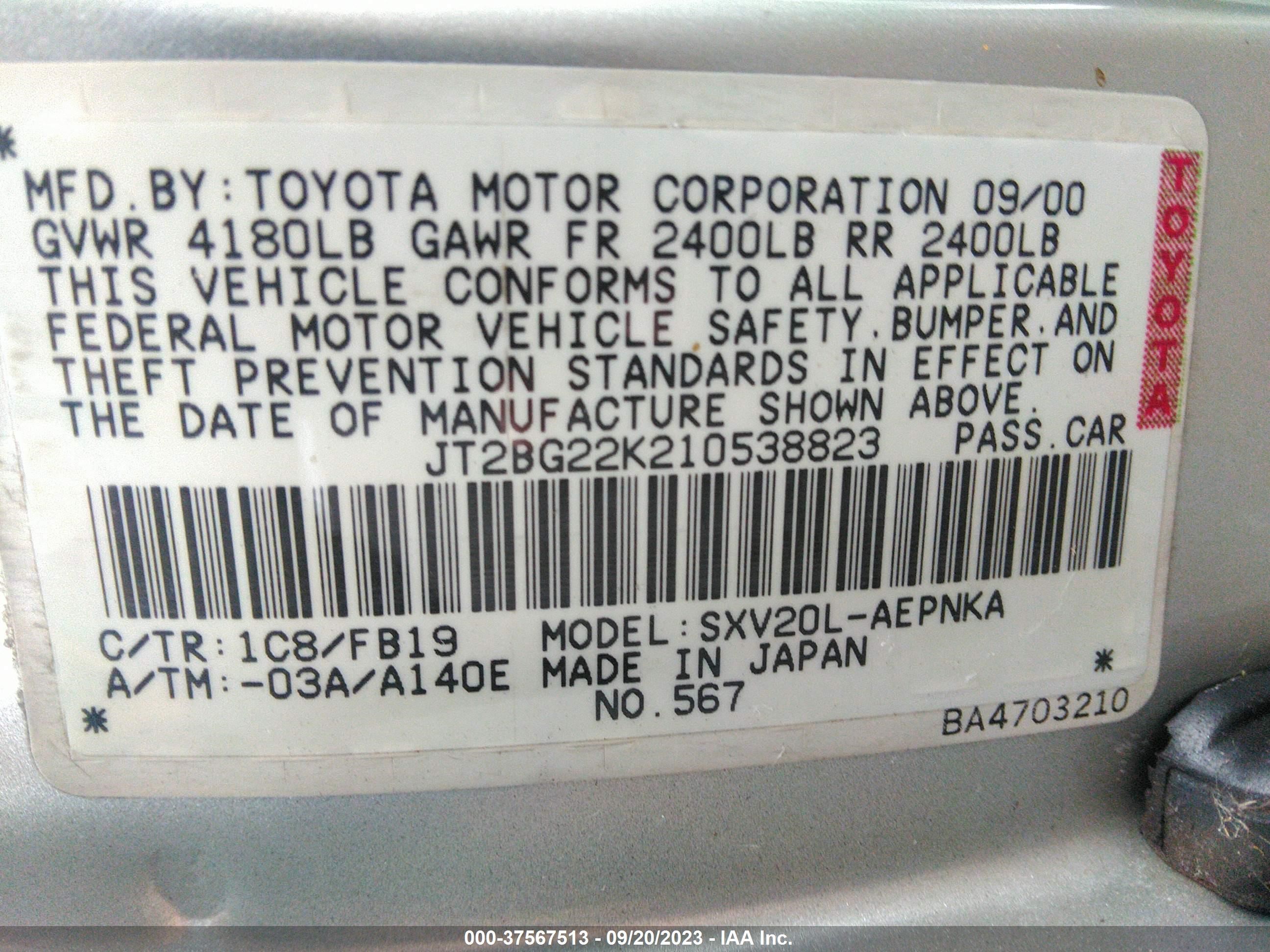 Photo 8 VIN: JT2BG22K210538823 - TOYOTA CAMRY 