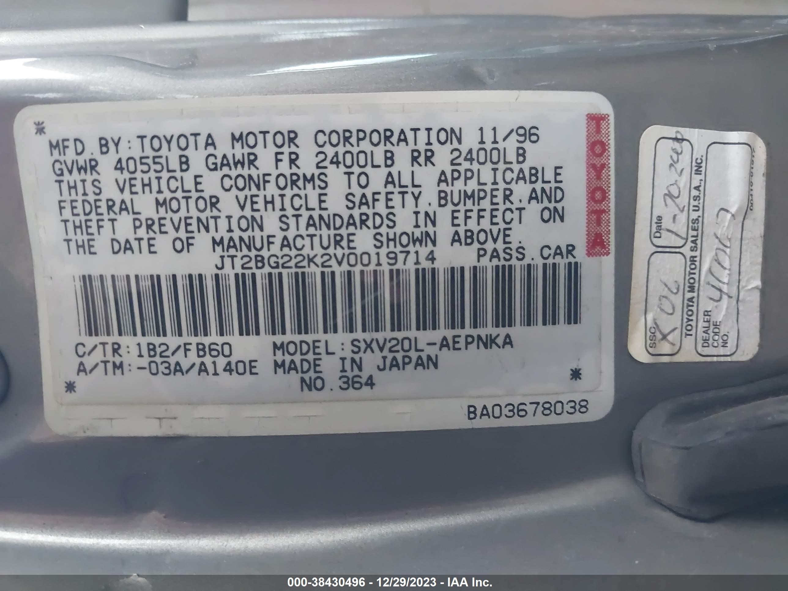 Photo 8 VIN: JT2BG22K2V0019714 - TOYOTA CAMRY 