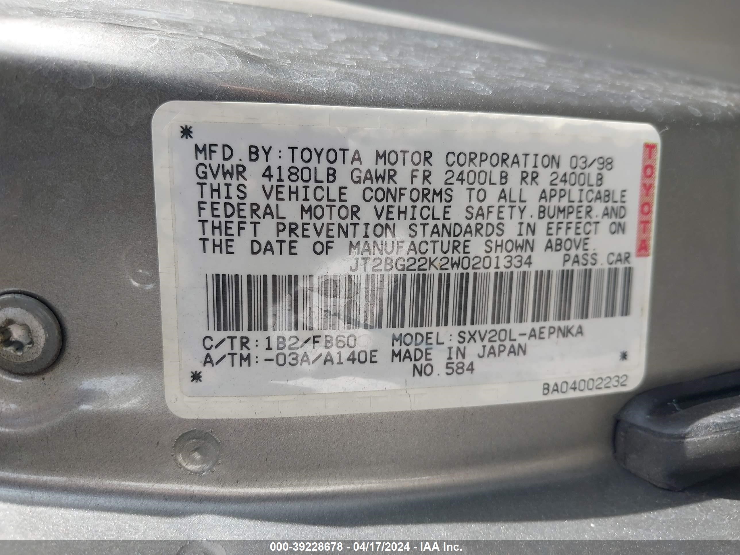 Photo 8 VIN: JT2BG22K2W0201334 - TOYOTA CAMRY 