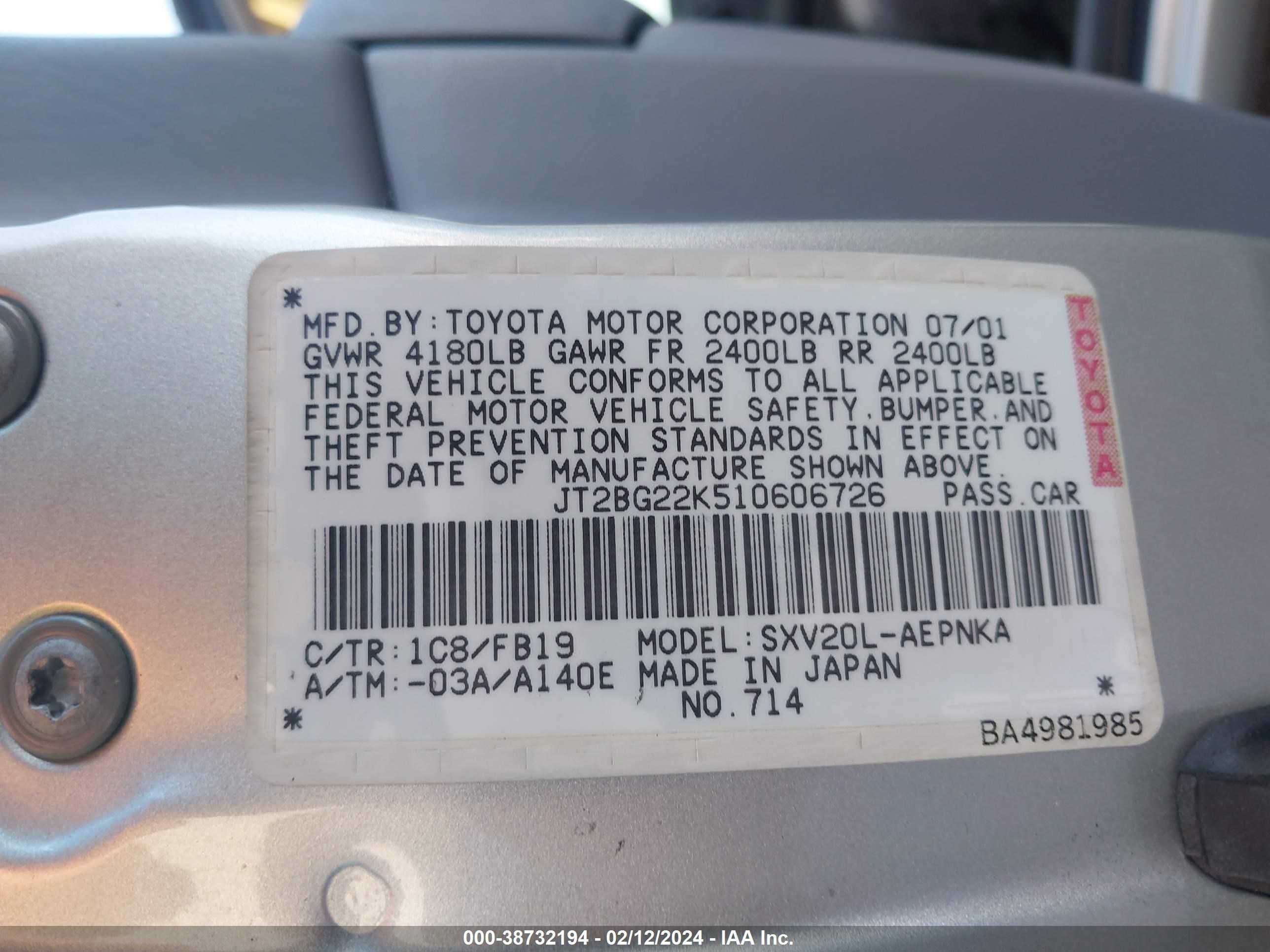 Photo 8 VIN: JT2BG22K510606726 - TOYOTA CAMRY 