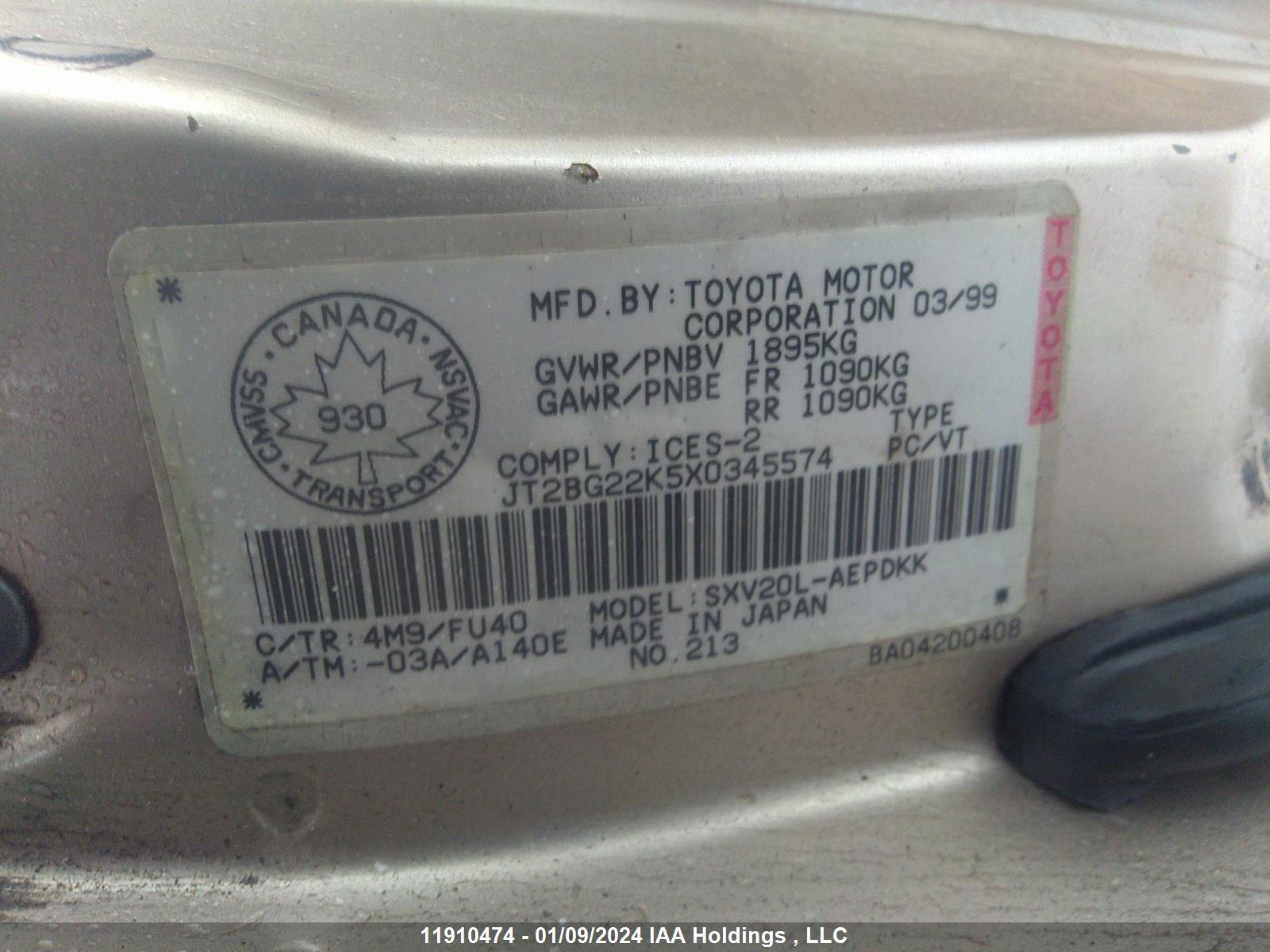 Photo 8 VIN: JT2BG22K5X0345574 - TOYOTA CAMRY 