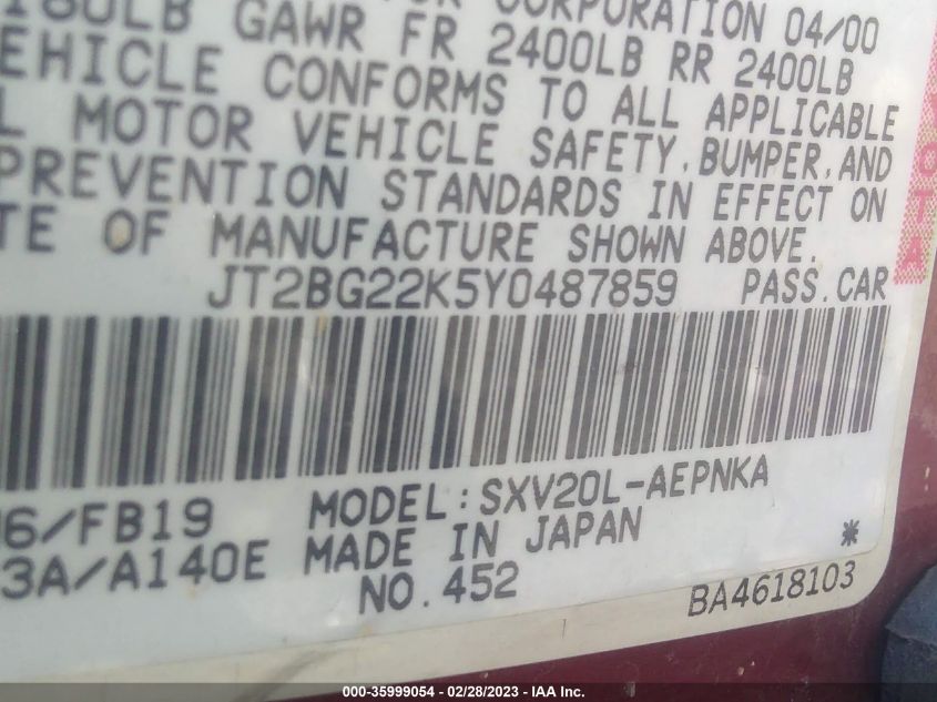 Photo 8 VIN: JT2BG22K5Y0487859 - TOYOTA CAMRY 