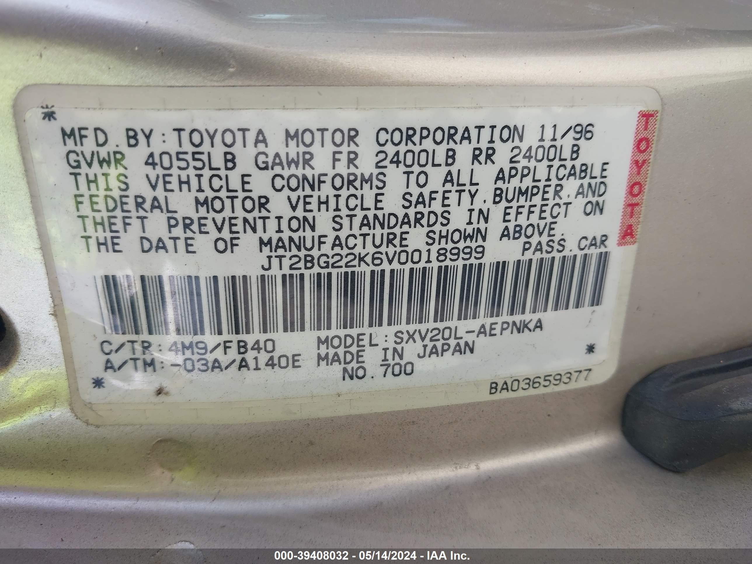 Photo 8 VIN: JT2BG22K6V0018999 - TOYOTA CAMRY 