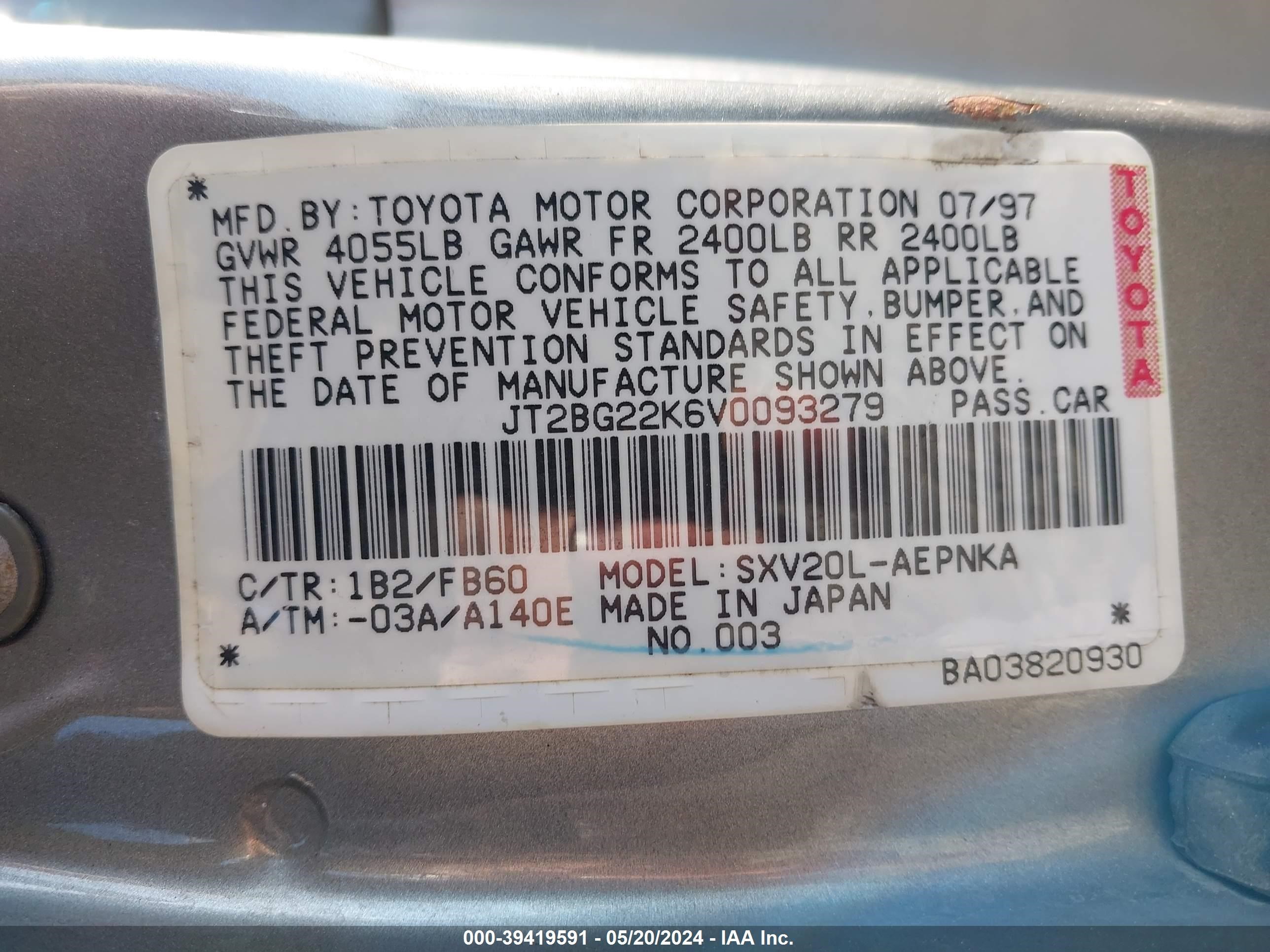 Photo 8 VIN: JT2BG22K6V0093279 - TOYOTA CAMRY 