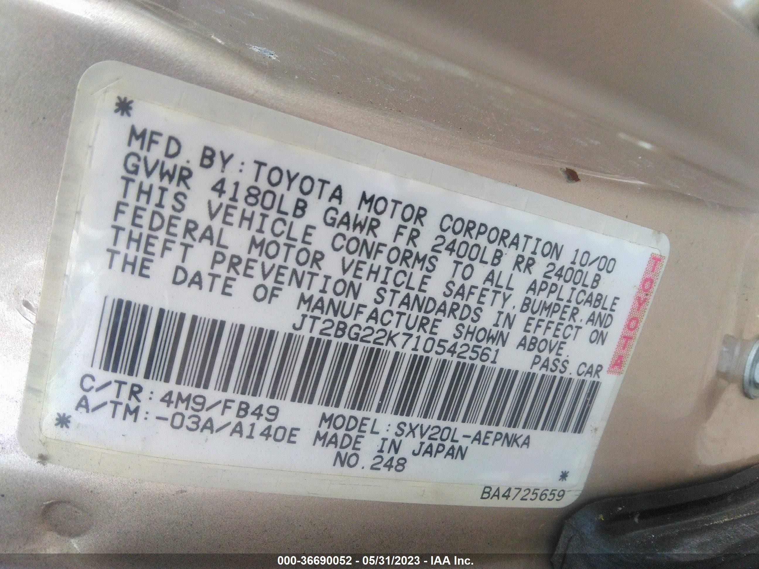 Photo 8 VIN: JT2BG22K710542561 - TOYOTA CAMRY 