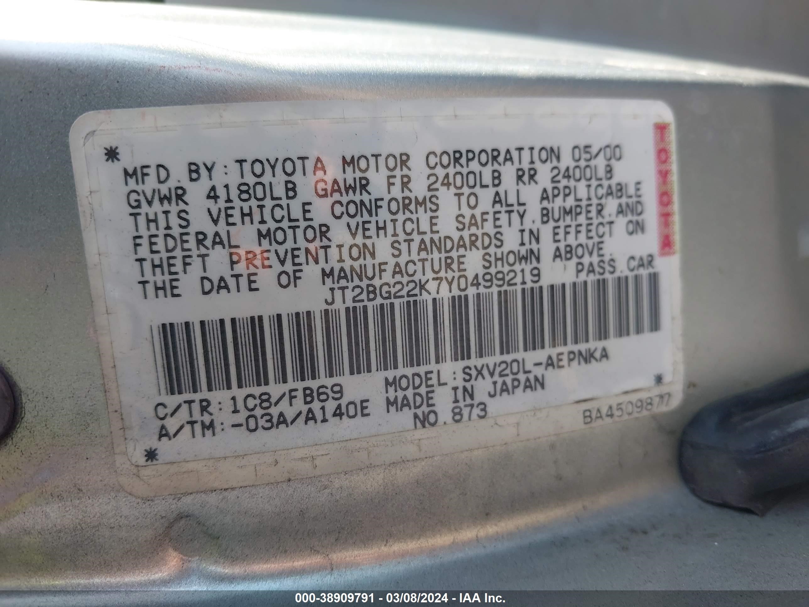 Photo 8 VIN: JT2BG22K7Y0499219 - TOYOTA CAMRY 