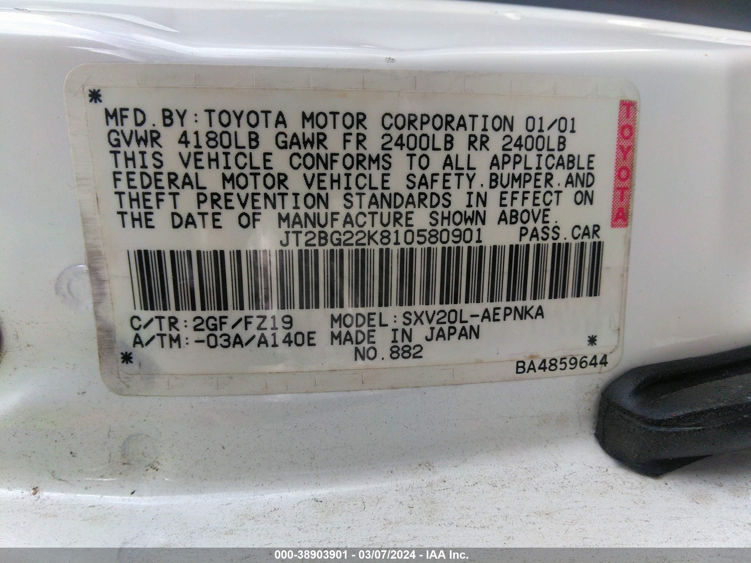 Photo 8 VIN: JT2BG22K810580901 - TOYOTA CAMRY 