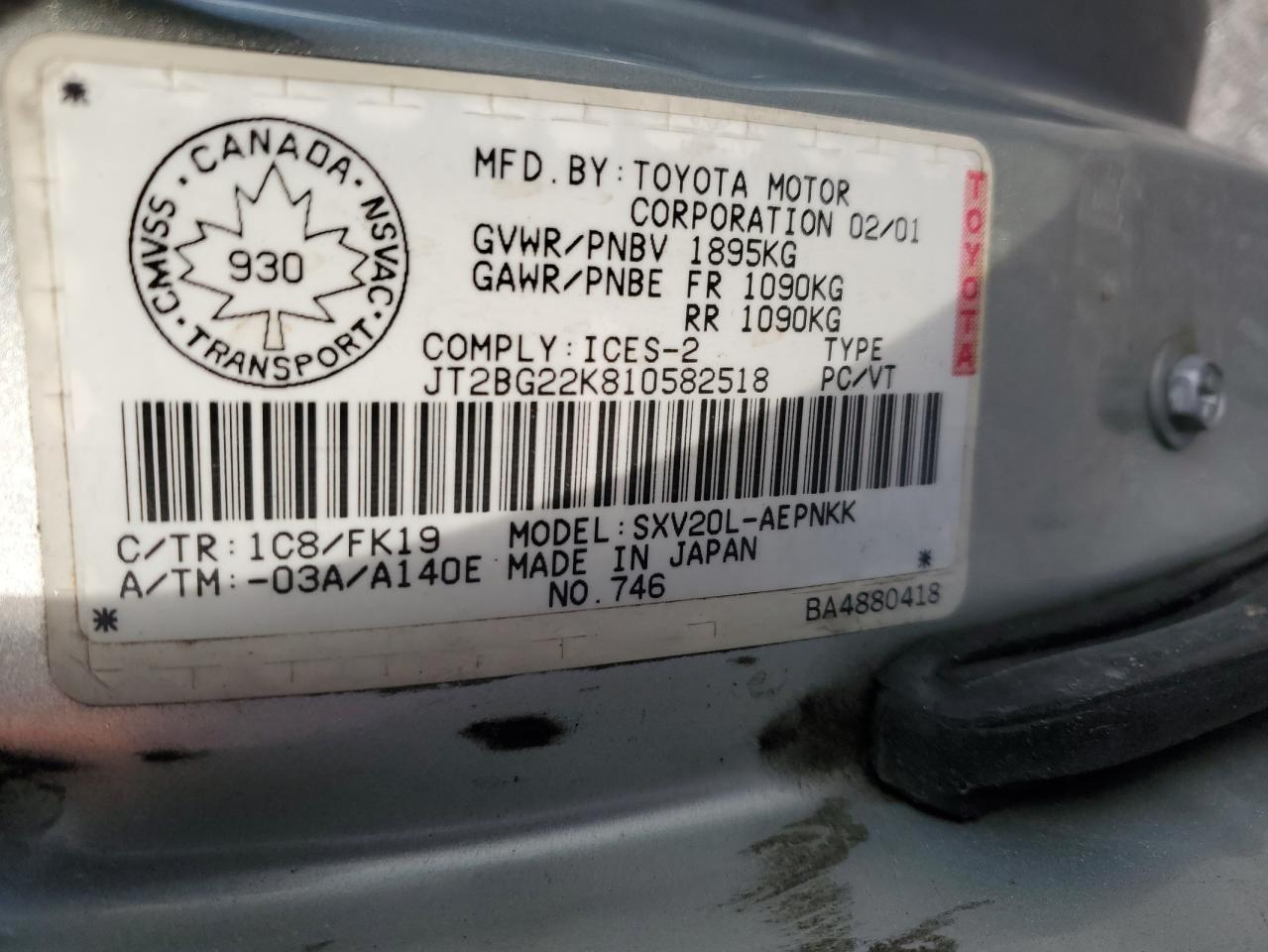 Photo 12 VIN: JT2BG22K810582518 - TOYOTA CAMRY 