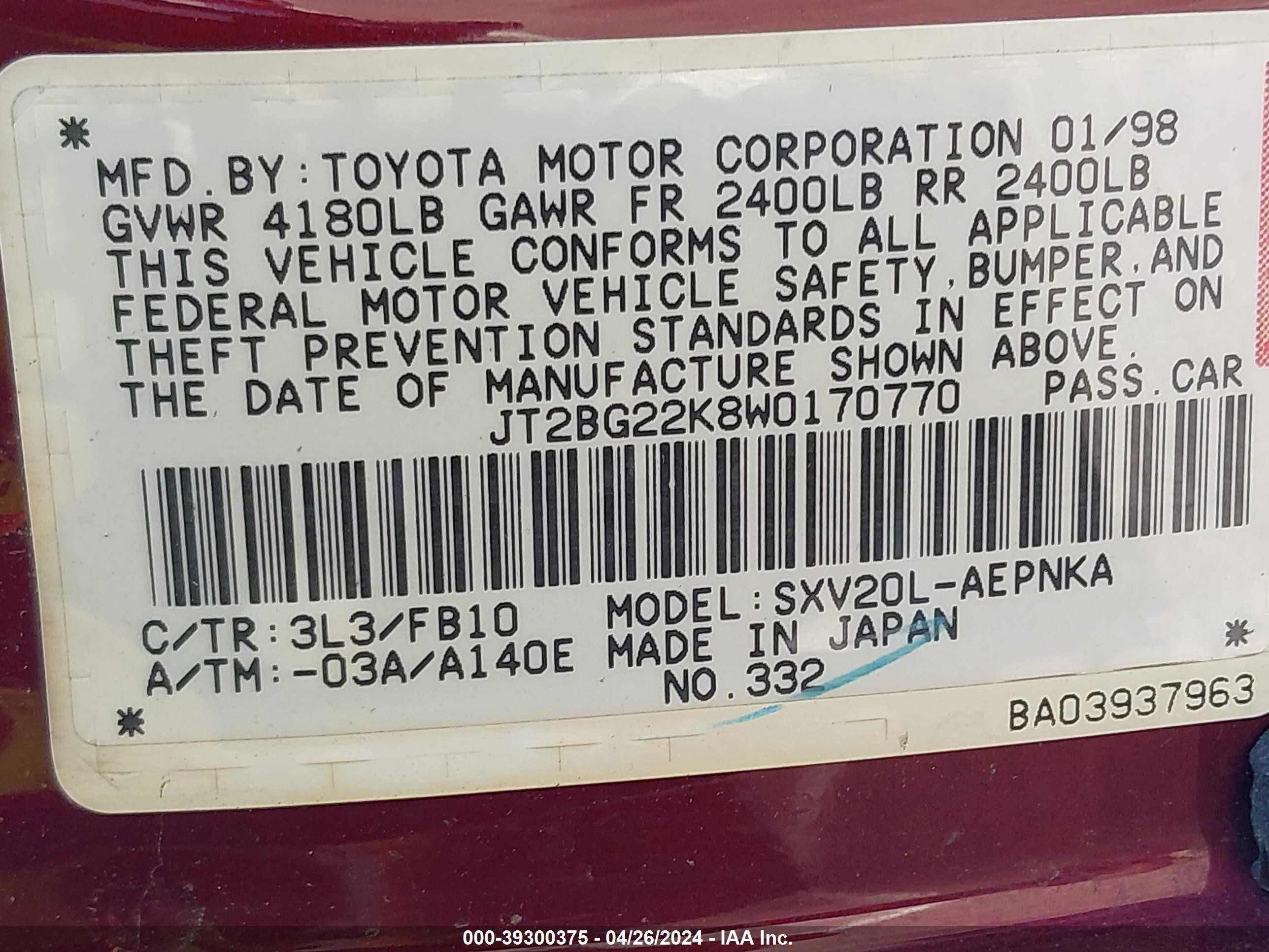 Photo 8 VIN: JT2BG22K8W0170770 - TOYOTA CAMRY 