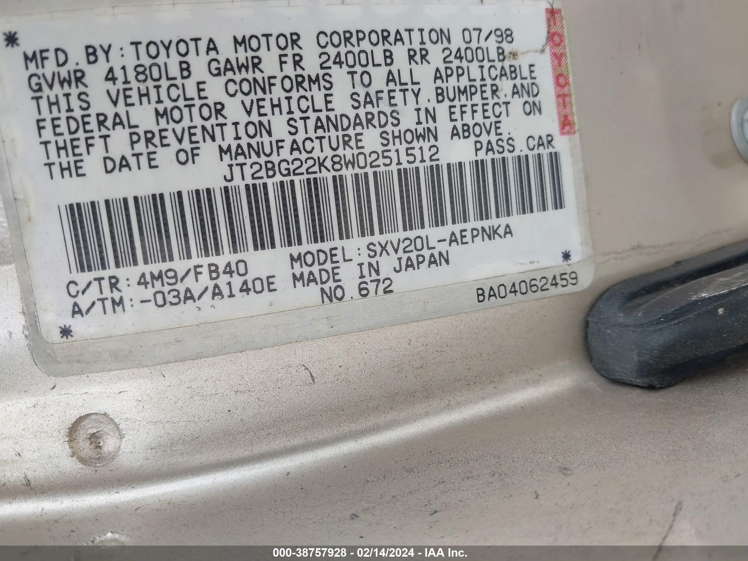 Photo 8 VIN: JT2BG22K8W0251512 - TOYOTA CAMRY 