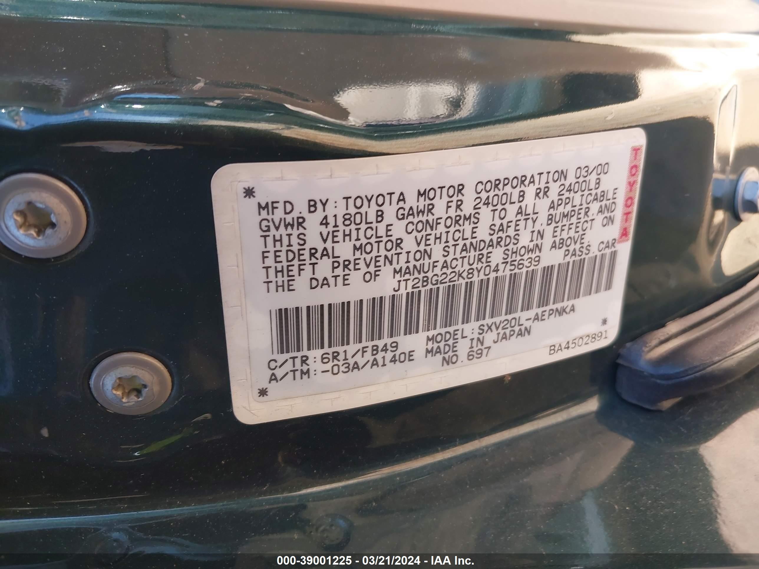 Photo 8 VIN: JT2BG22K8Y0475639 - TOYOTA CAMRY 