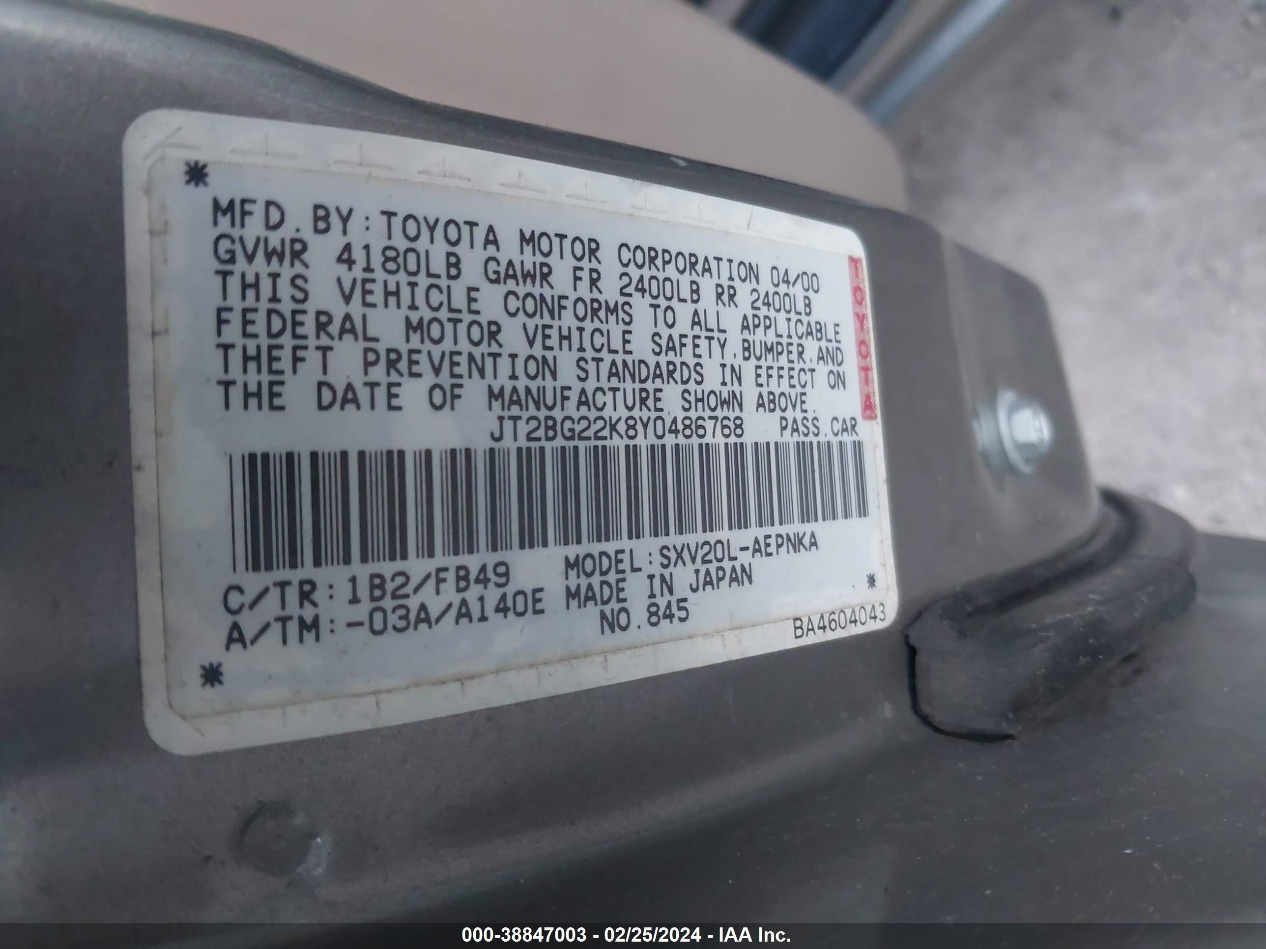 Photo 8 VIN: JT2BG22K8Y0486768 - TOYOTA CAMRY 